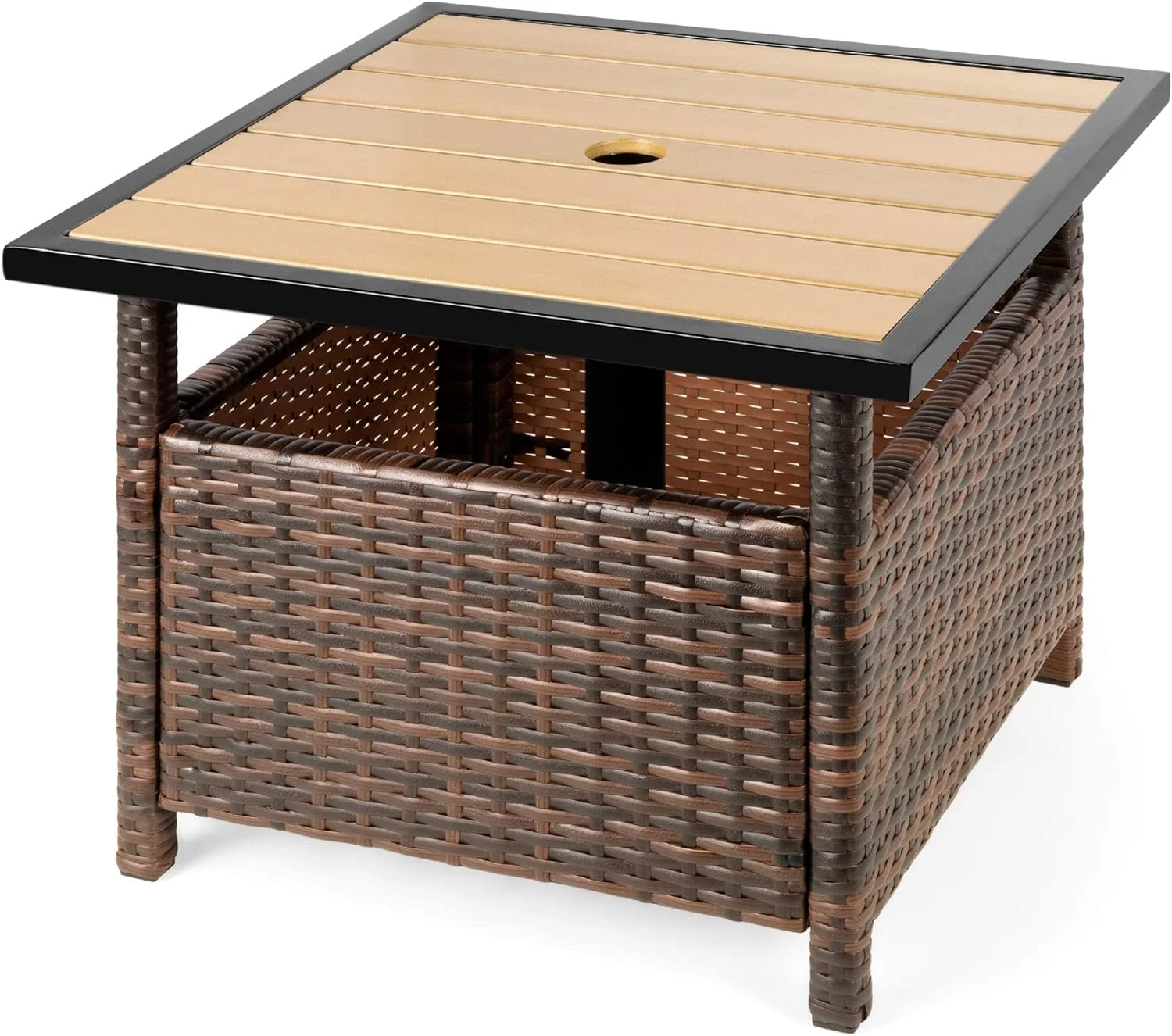 Wicker Side Table with Umbrella Hole, Square PE Rattan Outdoor End Table for Patio, Garden, Poolside, Deck w/UV-Resistant Frame, Storage Space - Brown