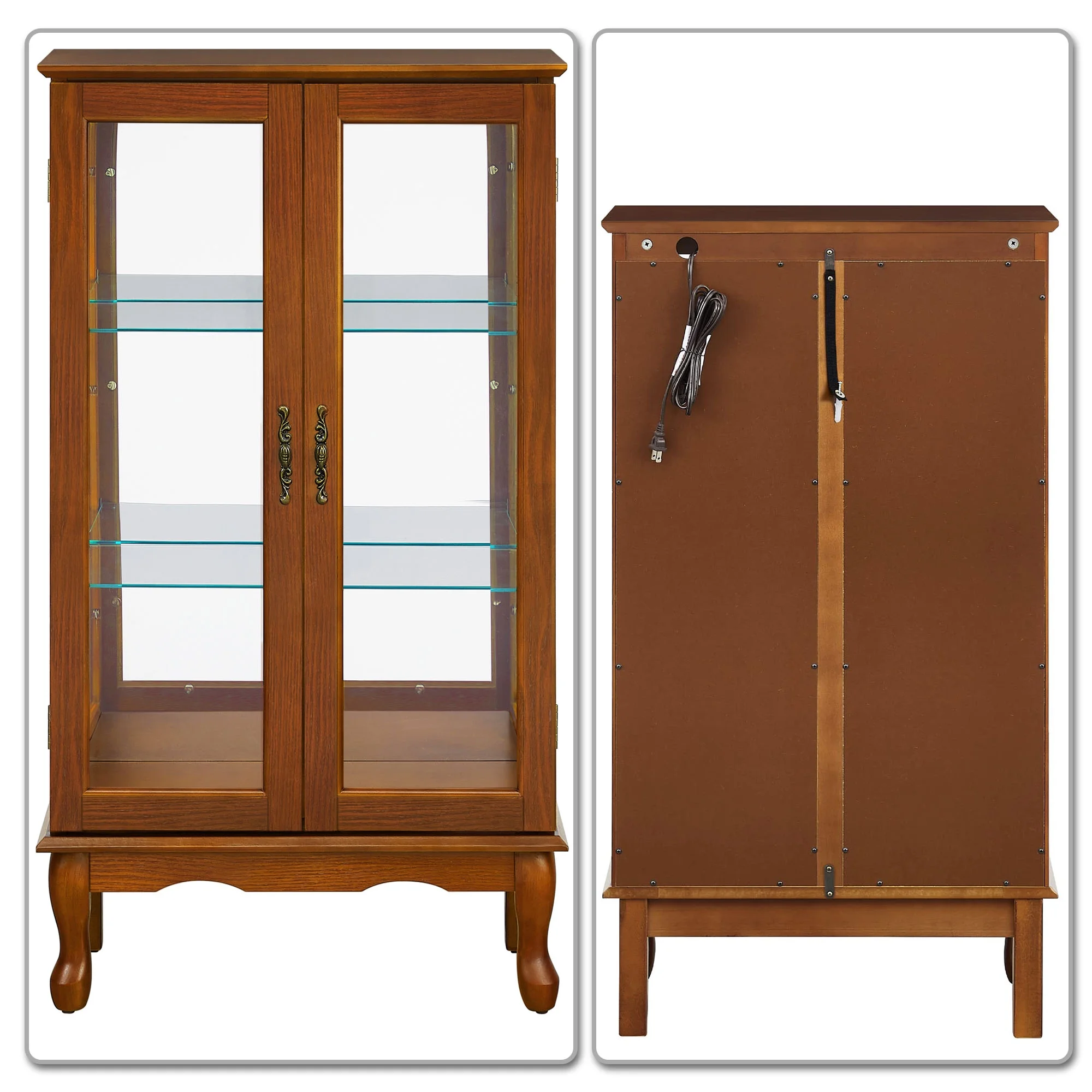 Vintage Elegant Freestanding Wooden Storage Cabinet with Two Glass Doors and Sides, Oak