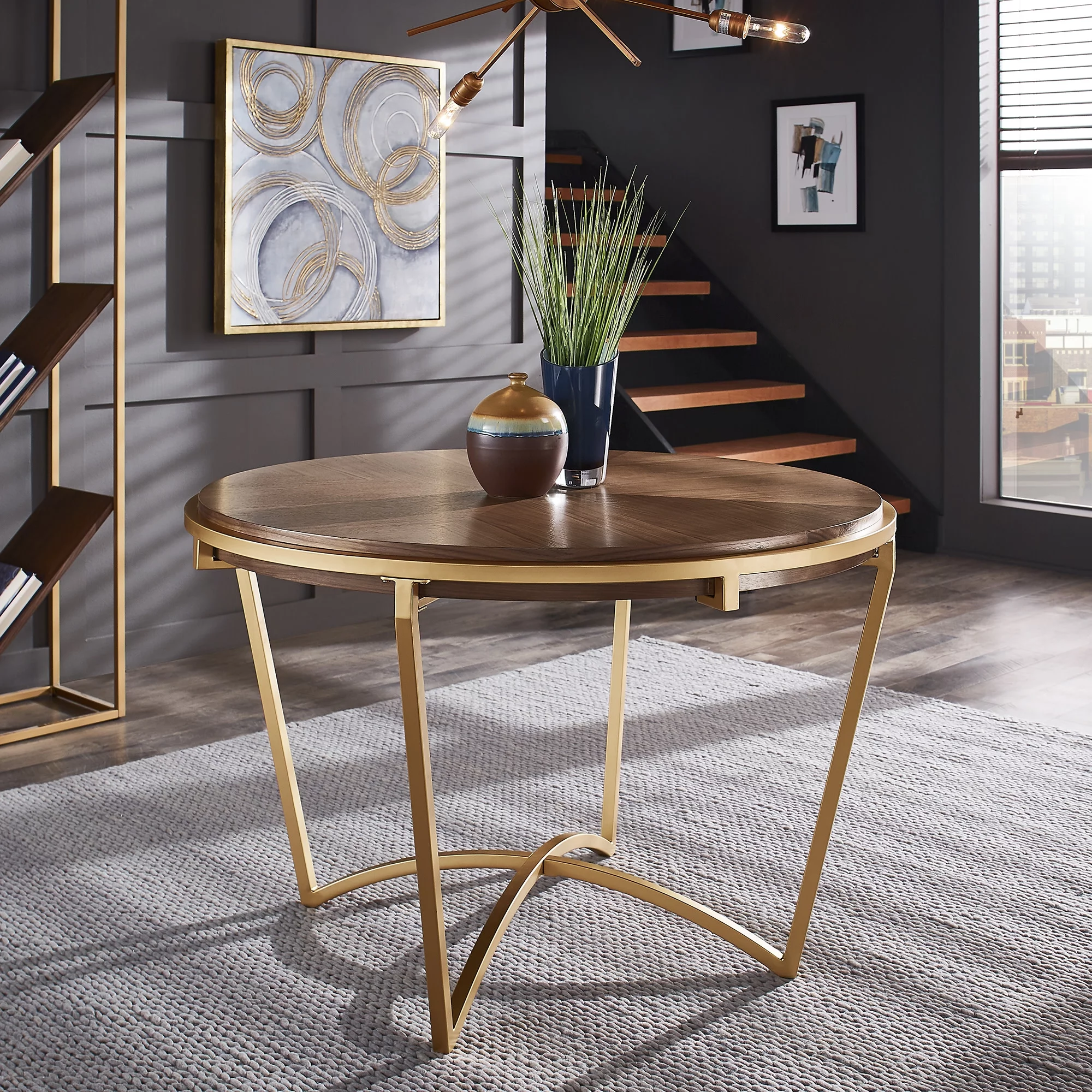 Weston Home Alannis Natural Finish Dining Table With Gold Metal Base