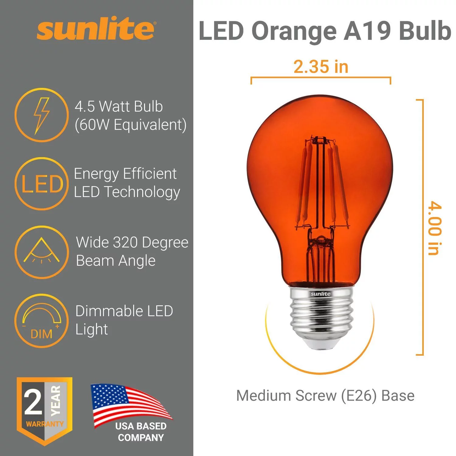 Sunlite LED Filament A19 Orange E26 Base 4.5W (60W Equivalent) Dimmable Light Bulb, 2 Count