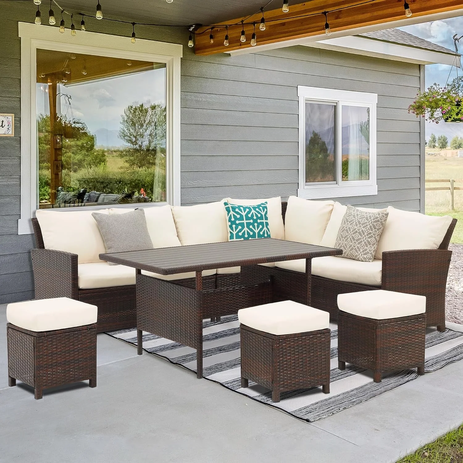 Superjoe Patio Furniture Conversation Set, 7 Piece High Curved Back All Weather Wicker Outdoor Dining Sectional Sofa with Dining Table and Chair, Ivory