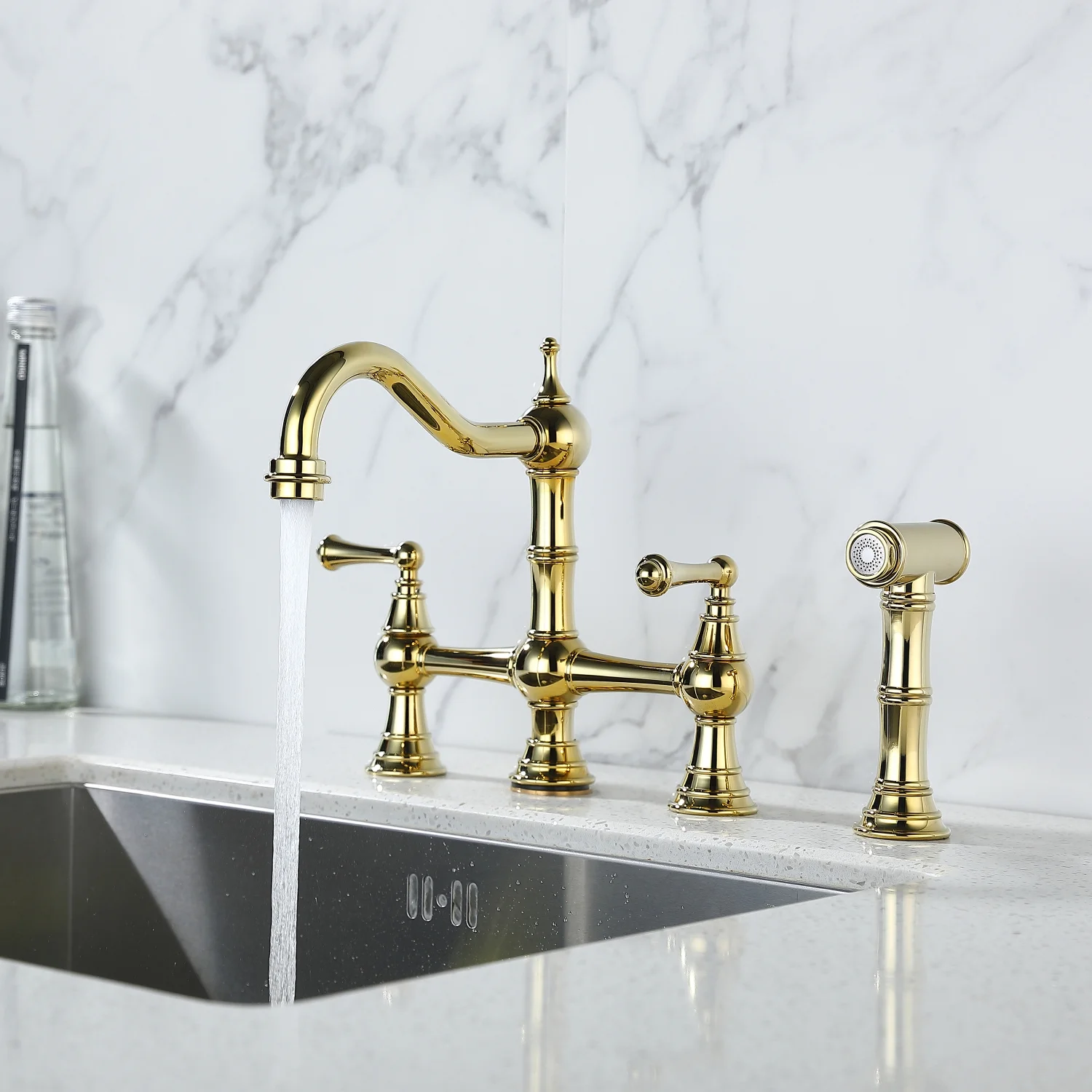 ZJbiubiuHome Bridge Dual Handles Kitchen Faucet With Pull-Out Side Spray in