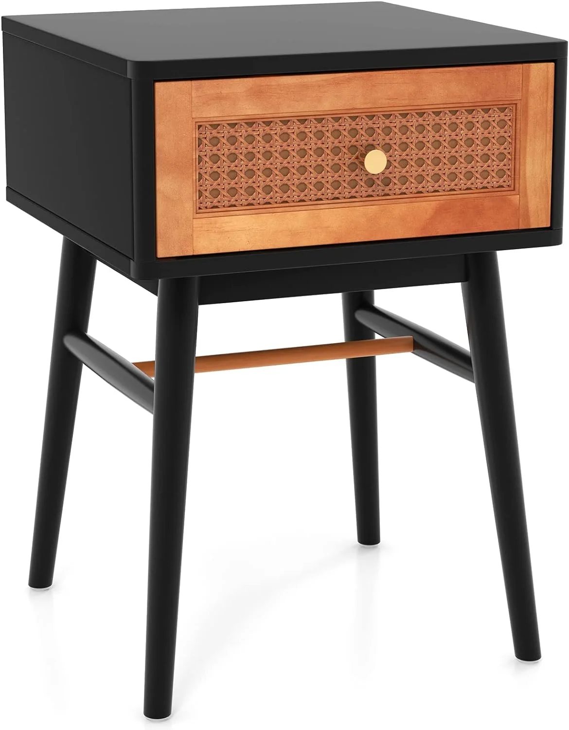 Rattan Nightstand, Boho End Side Table with Rattan Decorated Storage Drawer & Solid Wood Legs, Mid-Century Modern Bedside Table for Bedroom Small Space, Easy Assembly (1, Black)