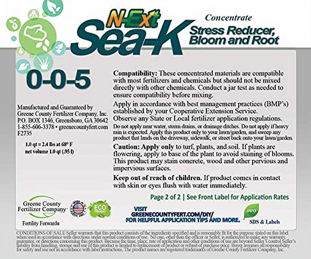 N-Ext Sea-K 0-0-5 Lawn Stress Reducer - 32 oz. (Covers 64,000 sq ft) - Deeper Color, Increased Rooting, Pest Resistance, Drought Protection, Nutrient Uptake and Reduced Senescence