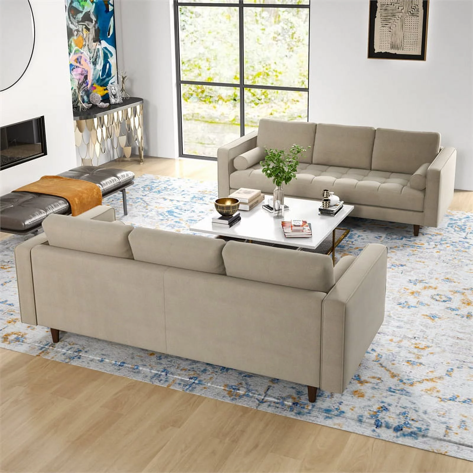 Tahir Mid-Century Pillow Back Velvet Sofa Set in Beige