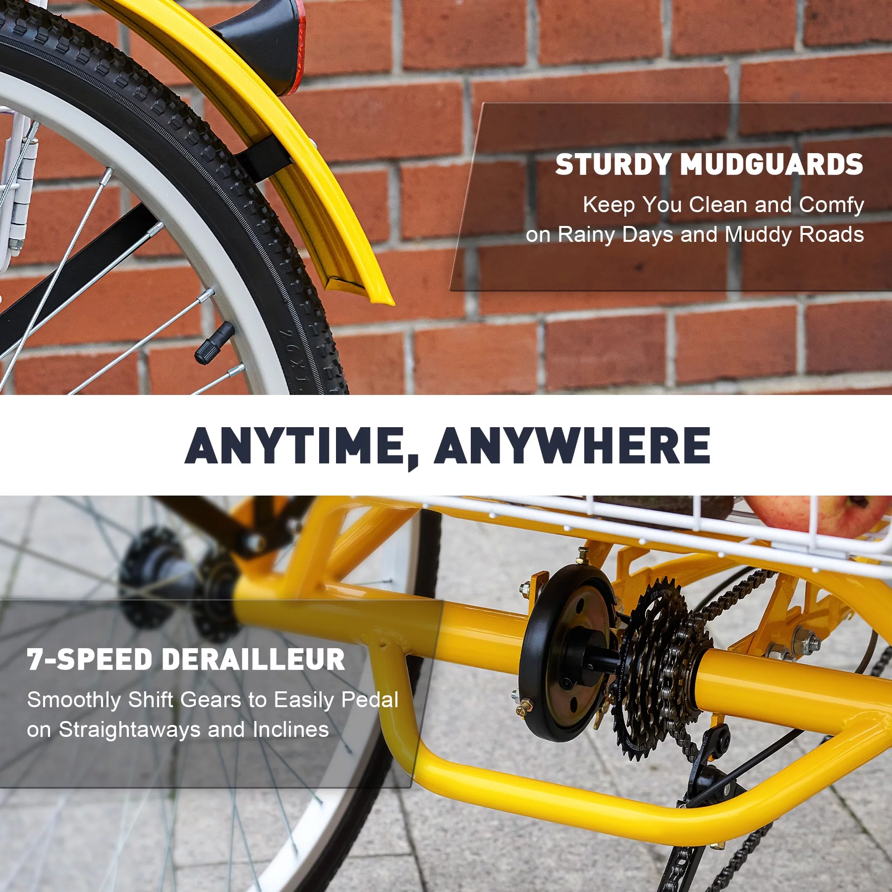 VIRIBUS 26 Inch Adult Tricycle 7 Speed 3 Wheel Cruiser Bike Trike w Rear Basket, Yellow