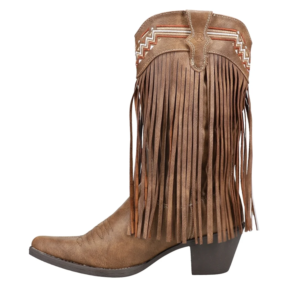 Roper  Womens Fringes Snip Toe Cowboy  Casual Boots   Mid Calf Mid Heel 2-3