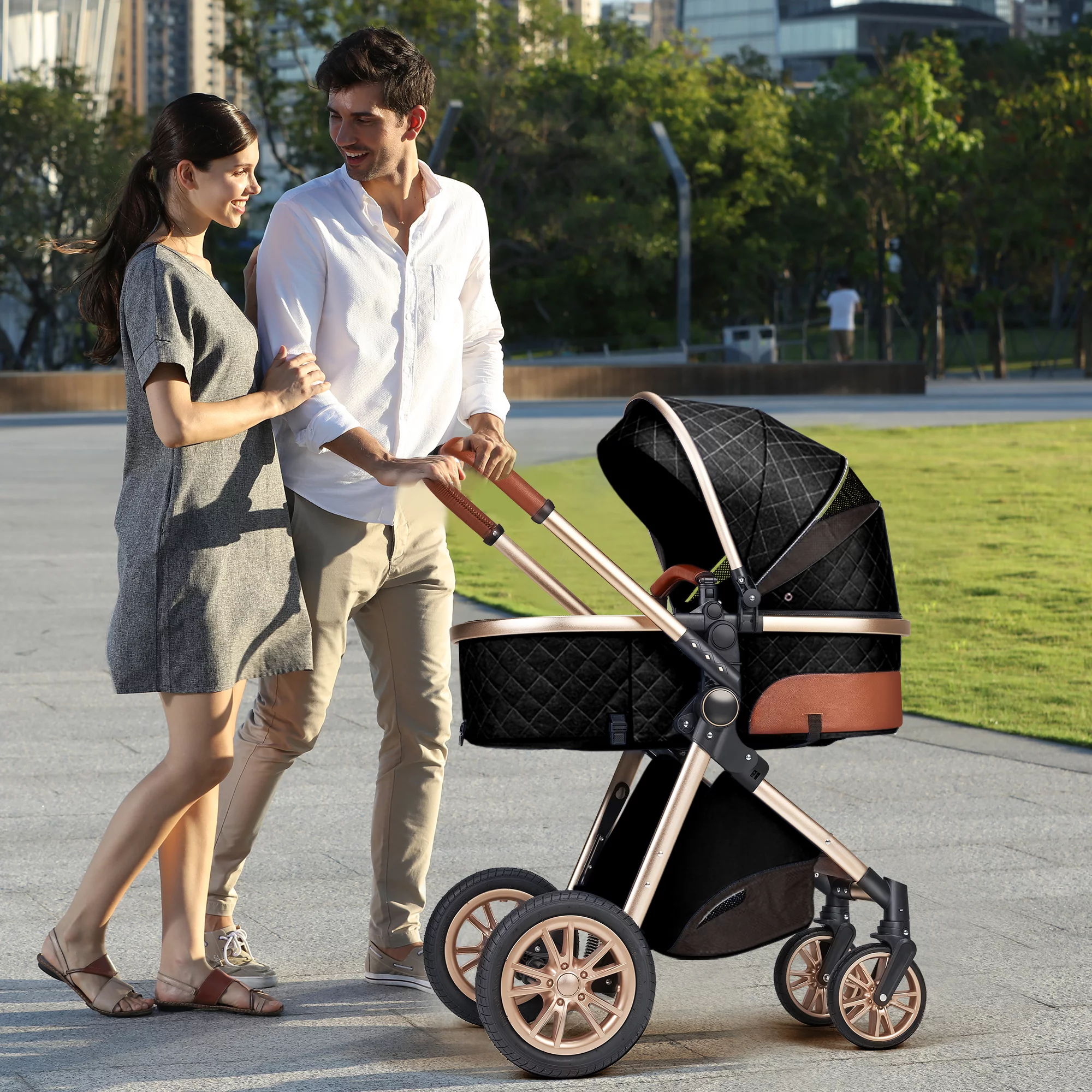 High Landscape Infant Baby Stroller Folding Aluminum Kids Carriage Big Sleeping Basket,Black(Unisex)