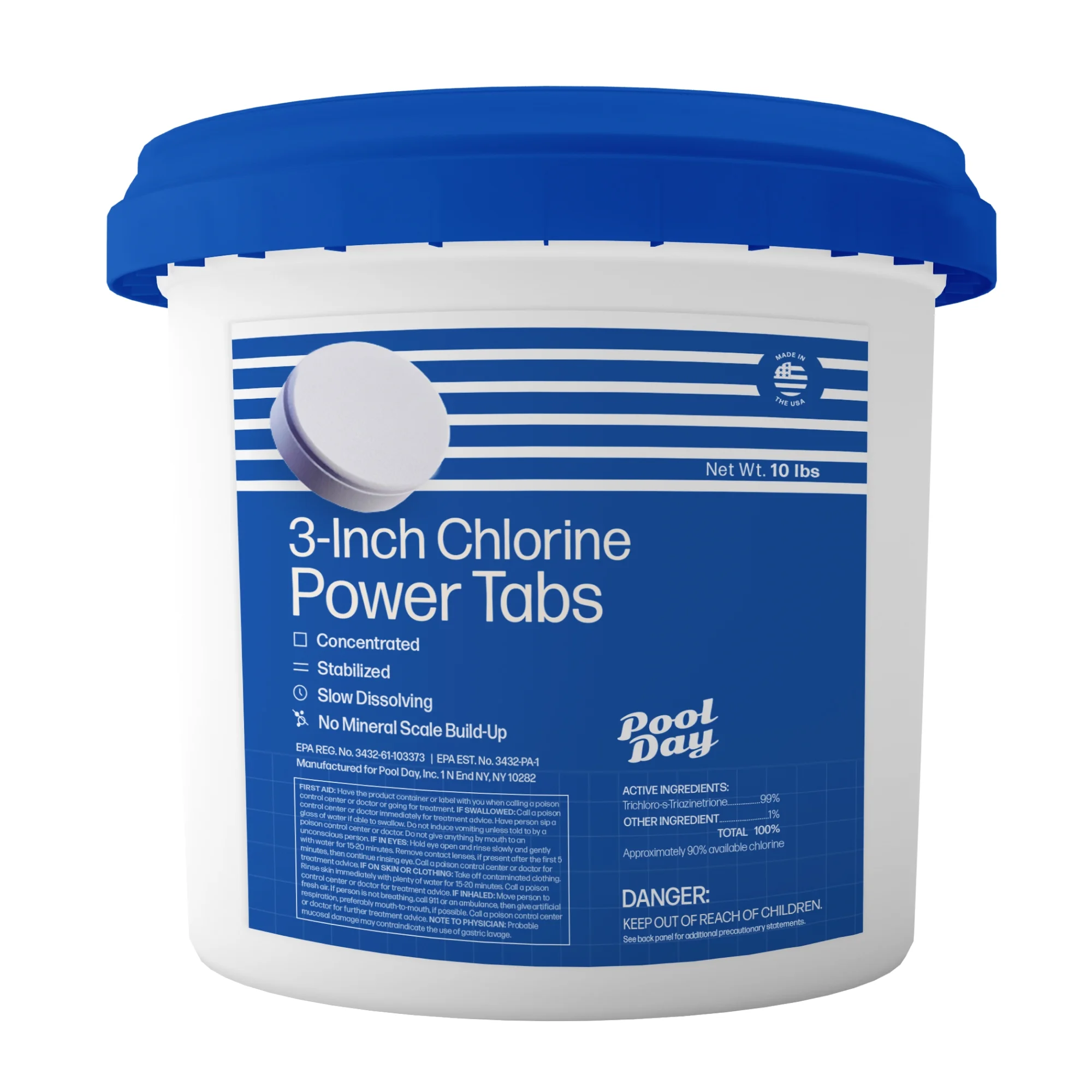 Pool Day 10lb Three-Inch Chlorine Power Tabs - 99% Trichlor, UV-Protected, Slow-Dissolving Formula for Crystal Clear Safe Water