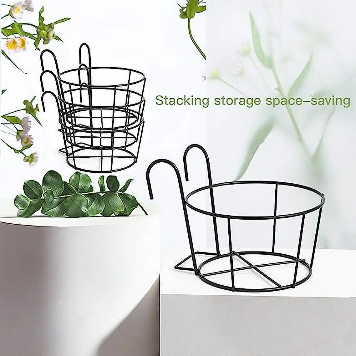 Namzi 4 Pack Round Hanging Railing Planters, Flower Pot Holders Metal Pot Plant Basket, Shelf containers for Indoor and Outdoor use (Black) 25cm