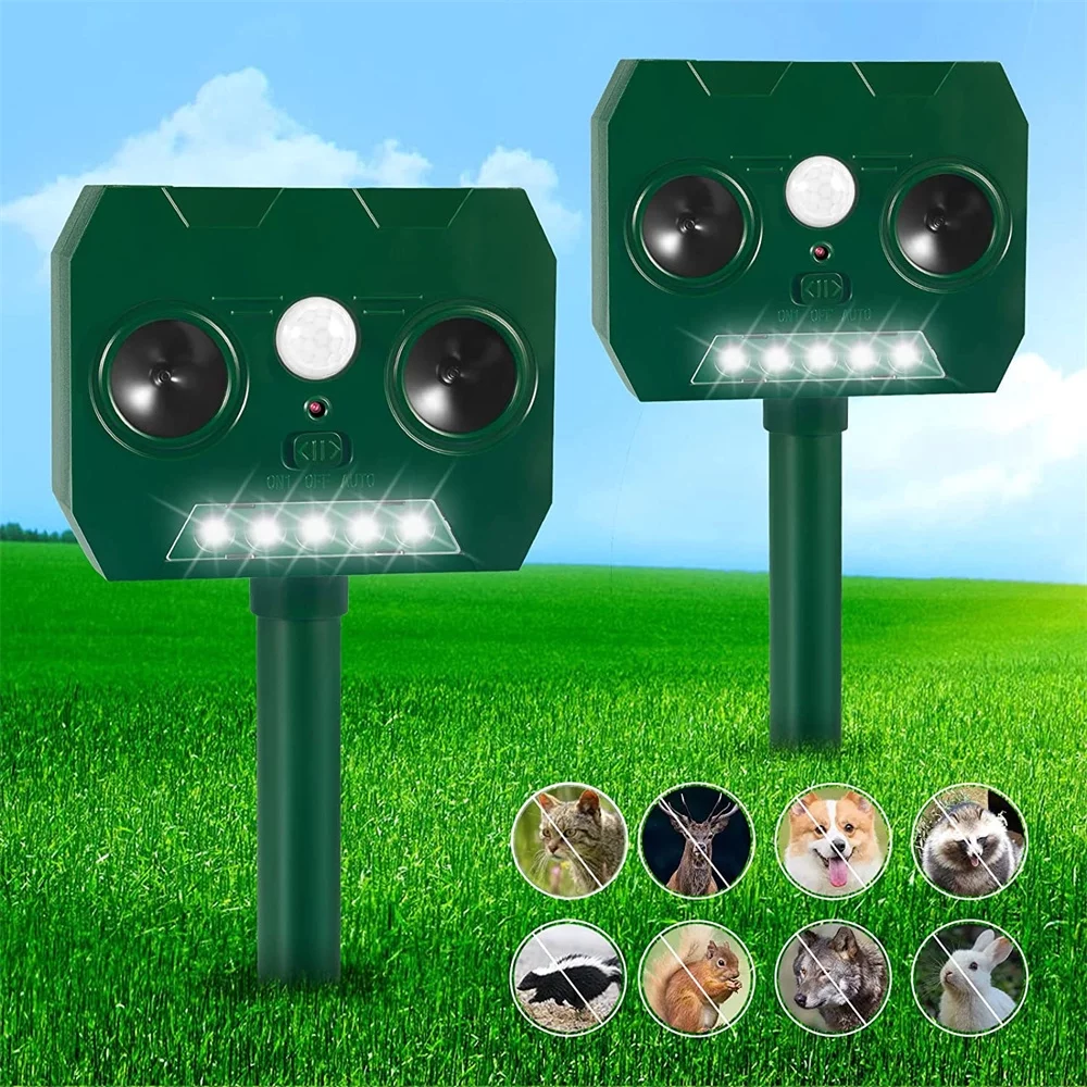 G·PEH Outdoor Solar Animal Repeller, Animal Deterrent Rodent Repeller with Waterproof Motion Sensor & 5 Strong Strobe Light & Dual Speaker,Squirrel Repeller(2 Pack)