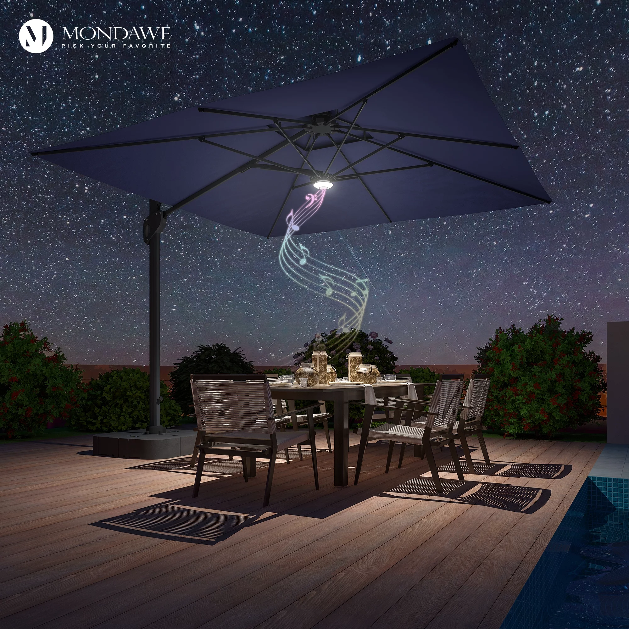 10x10ft Cantilever Patio Umbrella Square Deluxe Offset Umbrella 360°Rotation & Solar Bluetooth Lights for Market Garden Deck Pool