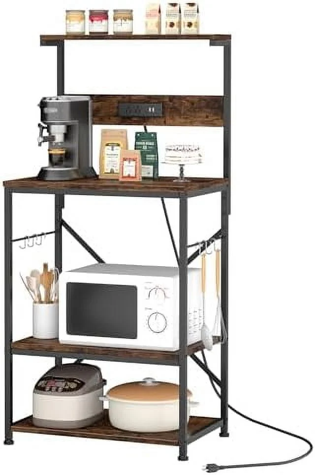 HYHBIBOOM Kitchen Bakers Rack with Power Outlet  Microwave Stand with 6 S-Shaped Hooks  4-Tier Coffee  Microwave Rack (23.62''  Rustic Brown)