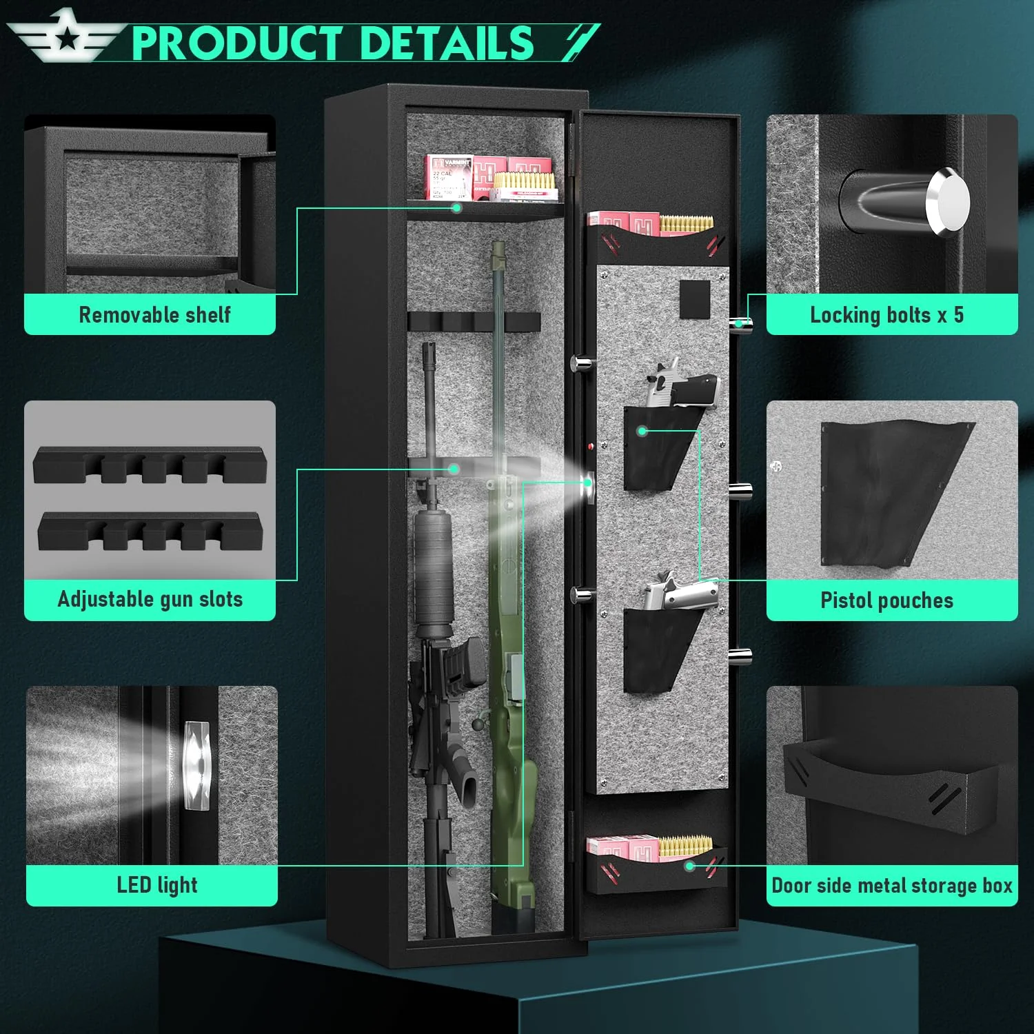 Kavey [2024 NEW] 5-6 Gun Safe, Digital Keypad Large Long Gun Safe for Shotguns, Quick Access Gun Cabinets with LED Light, Gun Safe with Adjustable Gun Rack and Removable Shelf