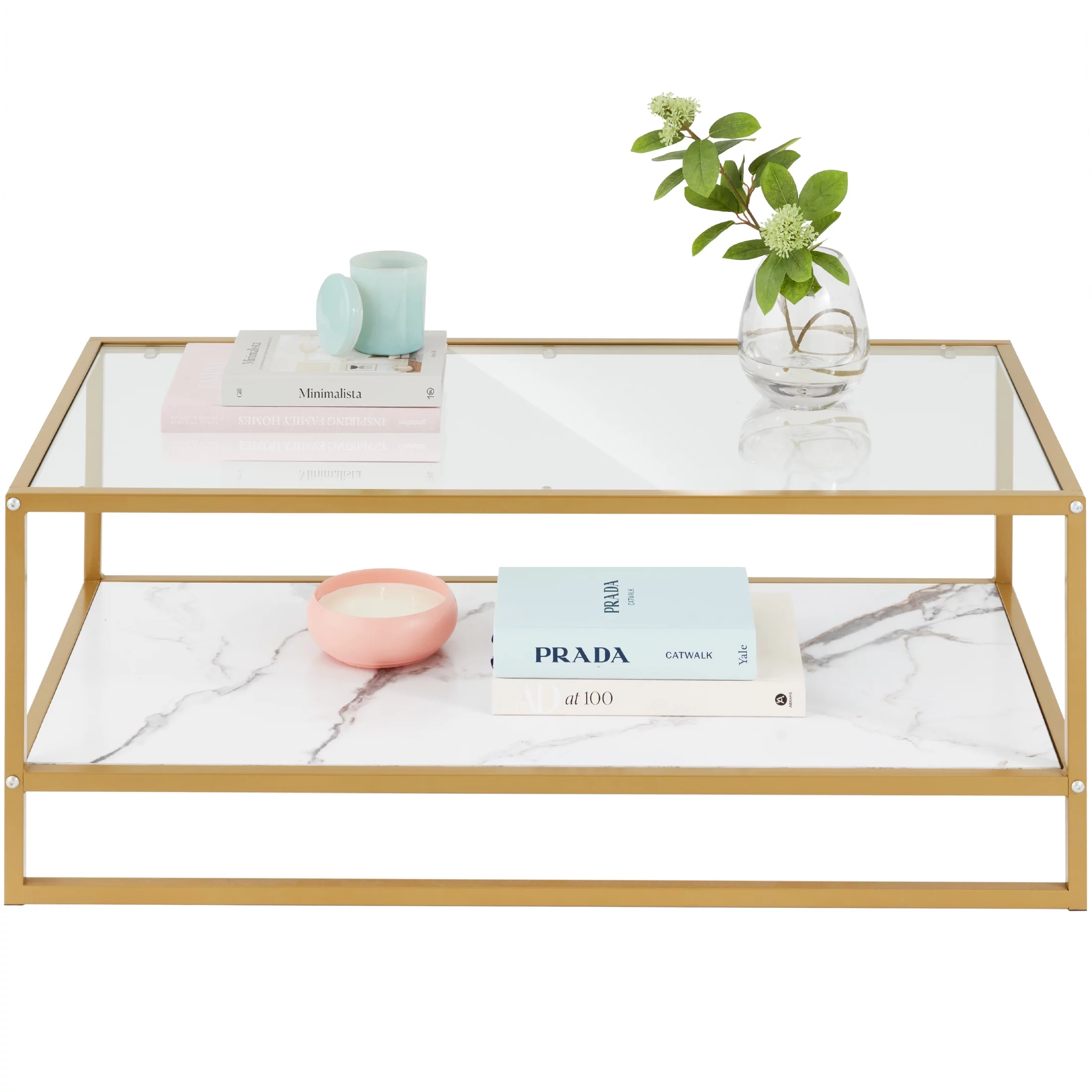 Best Choice Products 44in 2-Tier Rectangular Coffee Table, 2-in-1 Accent Furniture w/ Faux Marble Top - Gold