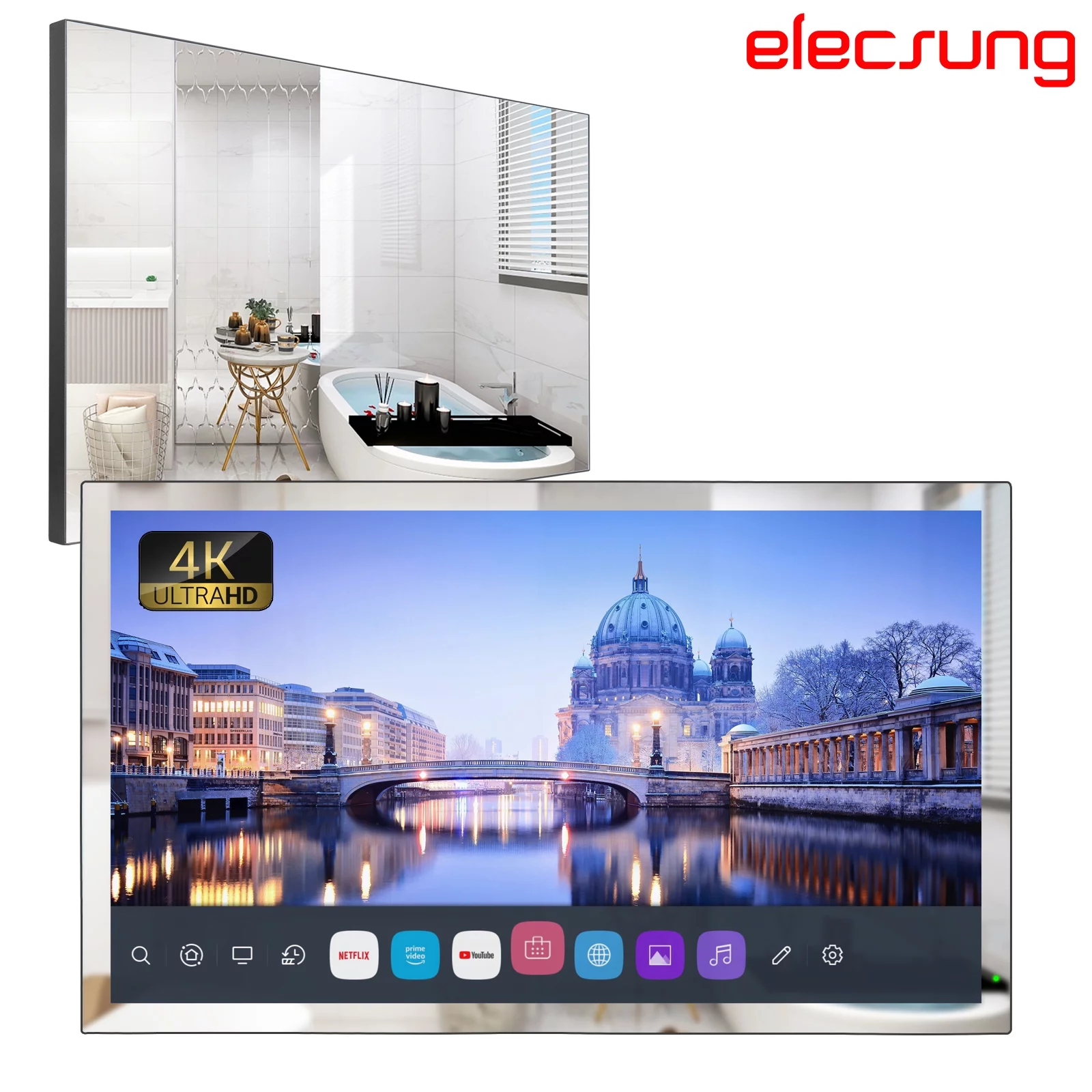 Elecsung 32 inch Smart 4K TV Mirror for Bathroom Electric webOS IP65 Waterproof WiFi Bluetooth Voice Control Spa 2024