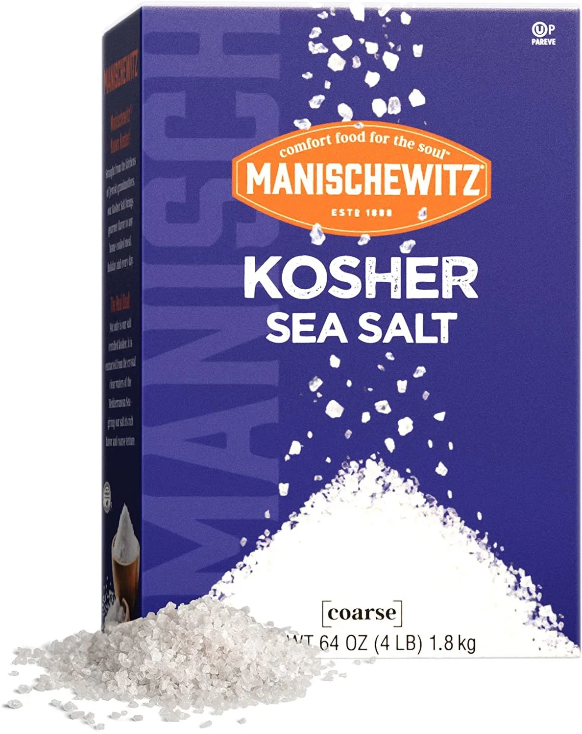 Manischewitz Natural Kosher Salt 4lb Box  EZ-Pour Spout  100% Coarse Sea Salt from Sicily Italy  Iodine Free  No Additives or Fillers  Salt Grinder Refill  25% more than 3lb box