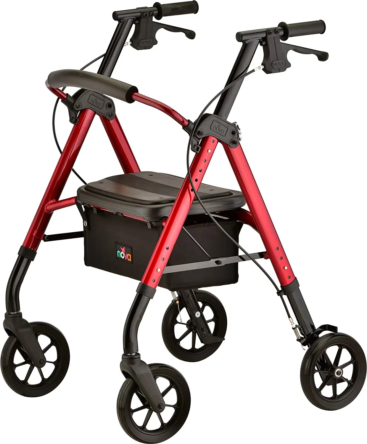 NOVA Medical Products Star DX Heavy Duty Bariatric Rollator Walker with Extra Wide Padded Seat, 8” Wheels, Fold Lock Feature, with Adjustable Seat Height & 450 lb Weight Capacity, Red