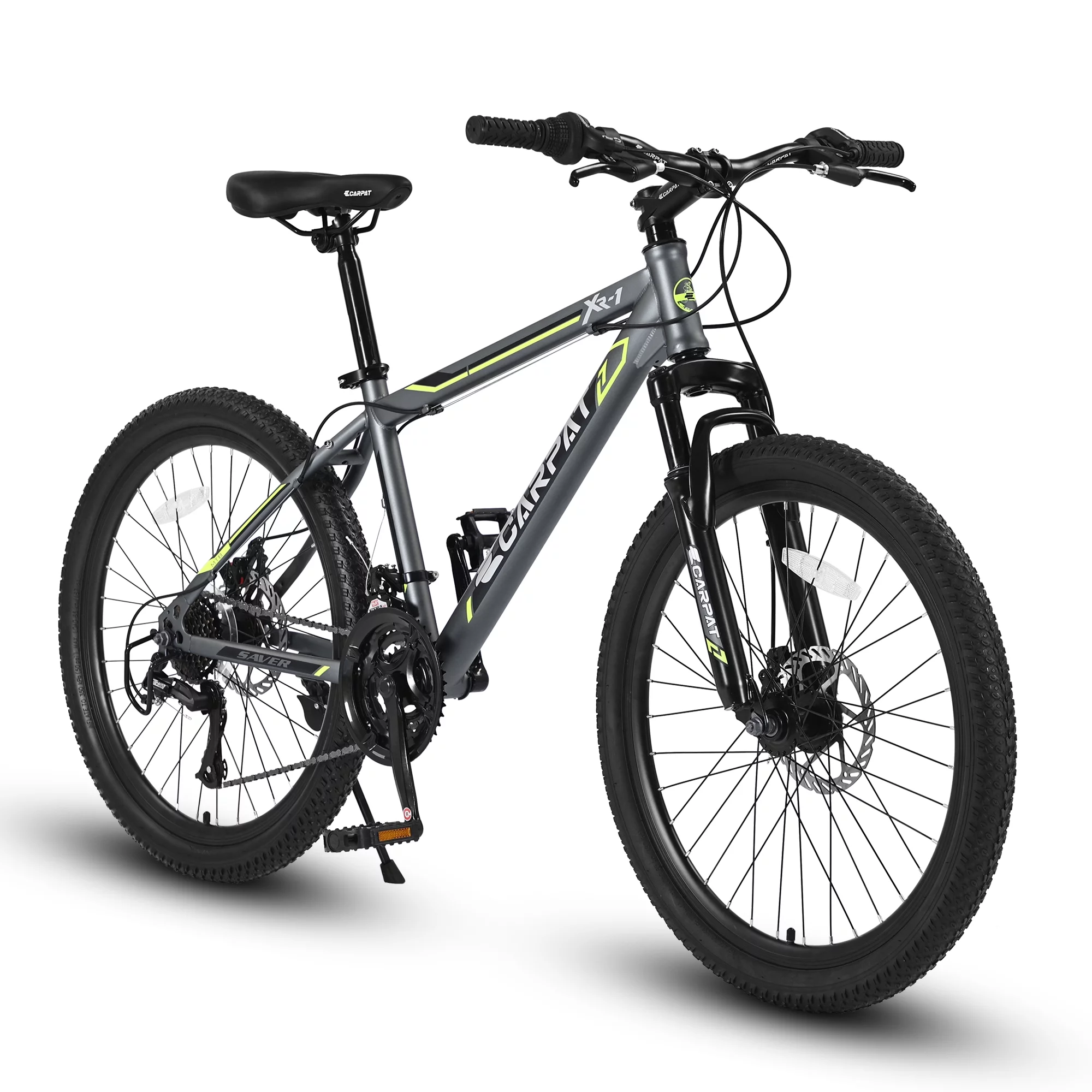 S24102 24 Inch Mountain Bike Boys Girls, Steel Frame, Shimano 21 Speed Mountain Bicycle with Daul Disc Brakes and Front Suspension MTB （Grey）