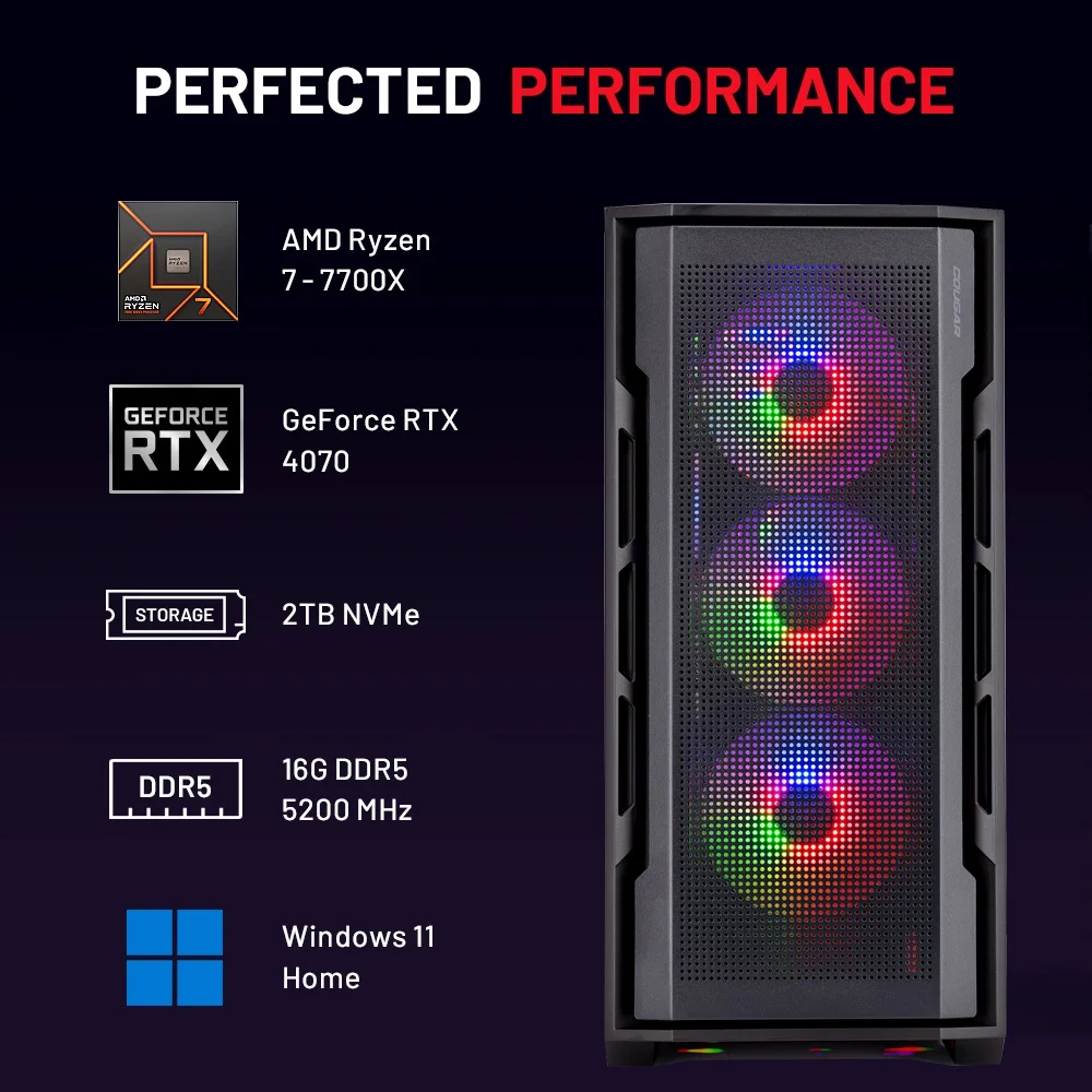 Skytech Rampage Gaming PC, Ryzen 7 7700X, NVIDIA RTX 4070, 2TB SSD, 16GB RAM, Windows 11 Home