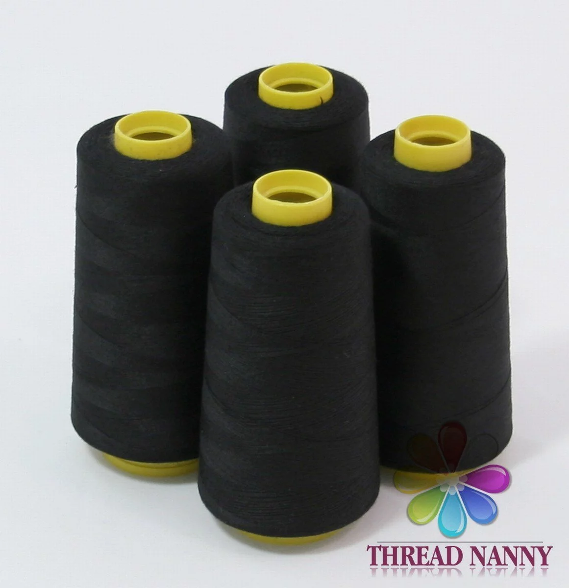 4 Large Cones (3000 yards each) of Polyester threads for Sewing Quilting Serger Black Color from ThreadNanny