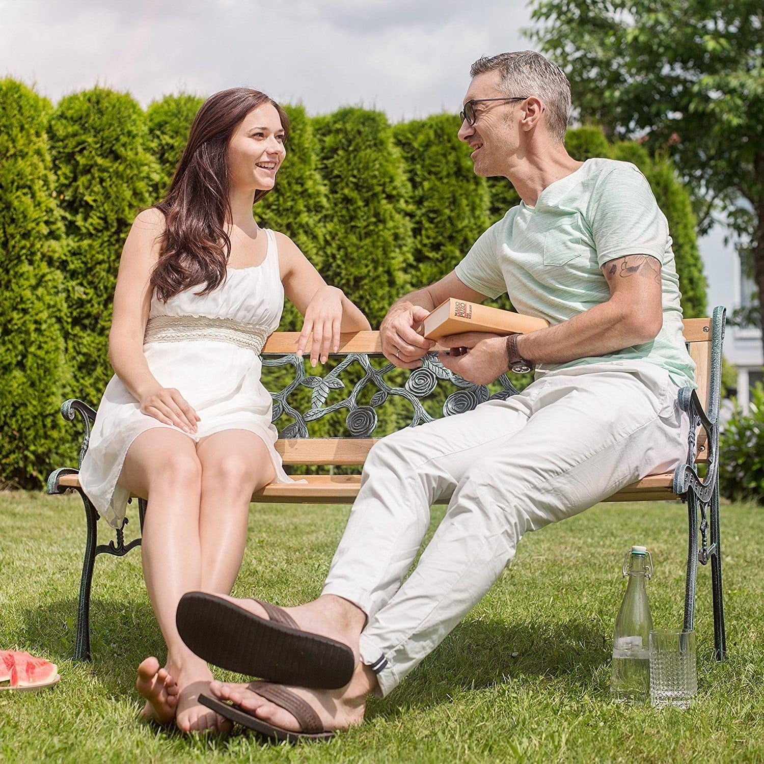 50'' Patio Park Garden Bench, Outdoor Furniture Rose Cast Iron Hardwood Frame Porch Loveseat for 2 Person Outdoor Clearance