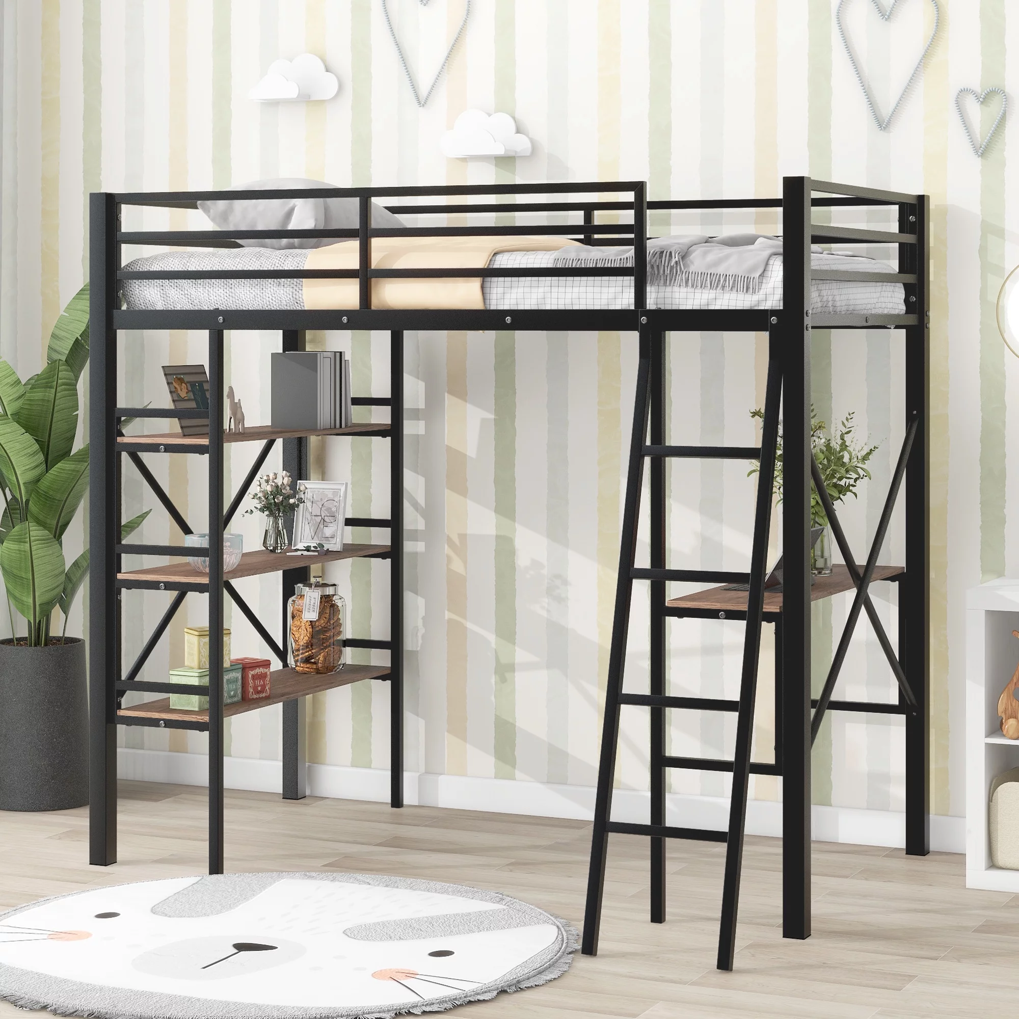 Euroco Twin Size Metal Loft Bed with 3-Tier Shelves and Built-in Desk for Kids Bedroom, Black