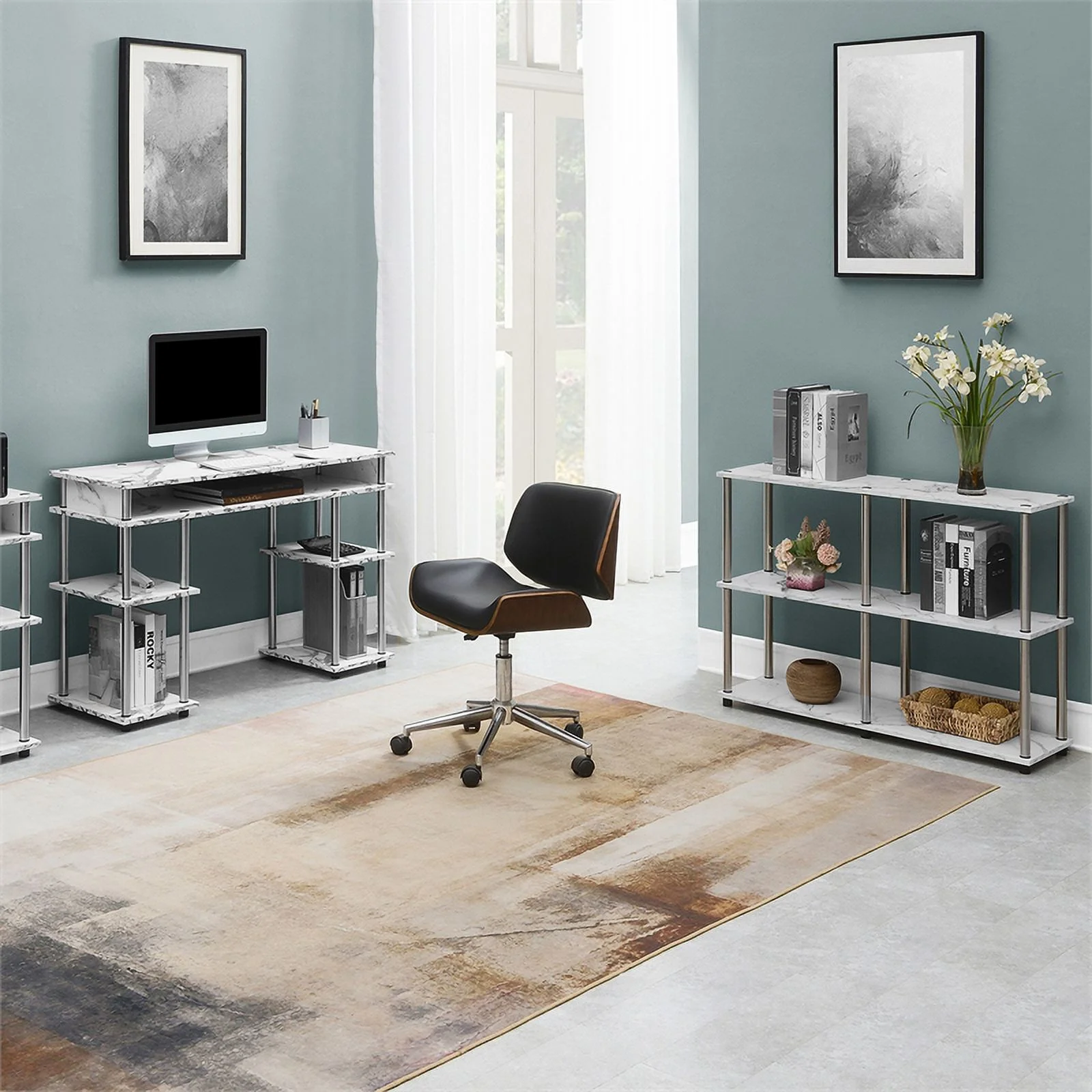 Pemberly Row No-Tools Console Table w/ Shelves in White Faux Marble Wood Finish