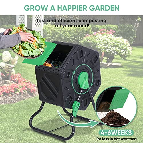 F2C 18.5 Gallon Compost Tumbler Compost Bin All-Season Outdoor BPA Free Single Rotating Chamber Composters w/ 2 Sliding Doors and Solid Steel Frame (18.5 Gallon)¡­