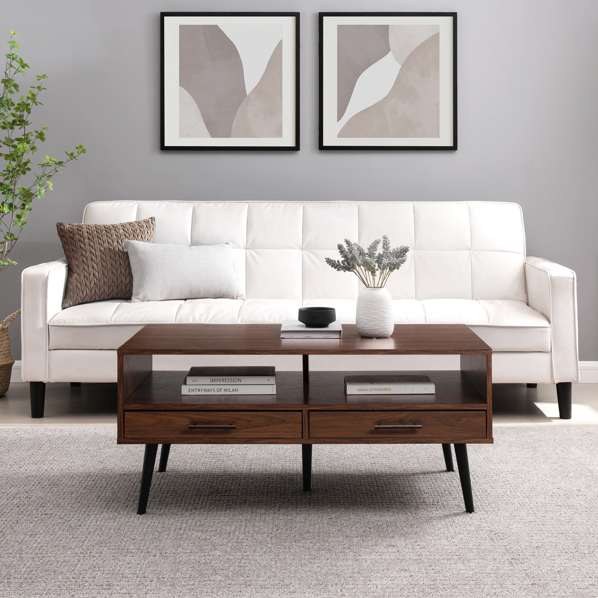 Walker Edison 40” Mid-Century Modern 2-Drawer Coffee Table, Dark Walnut