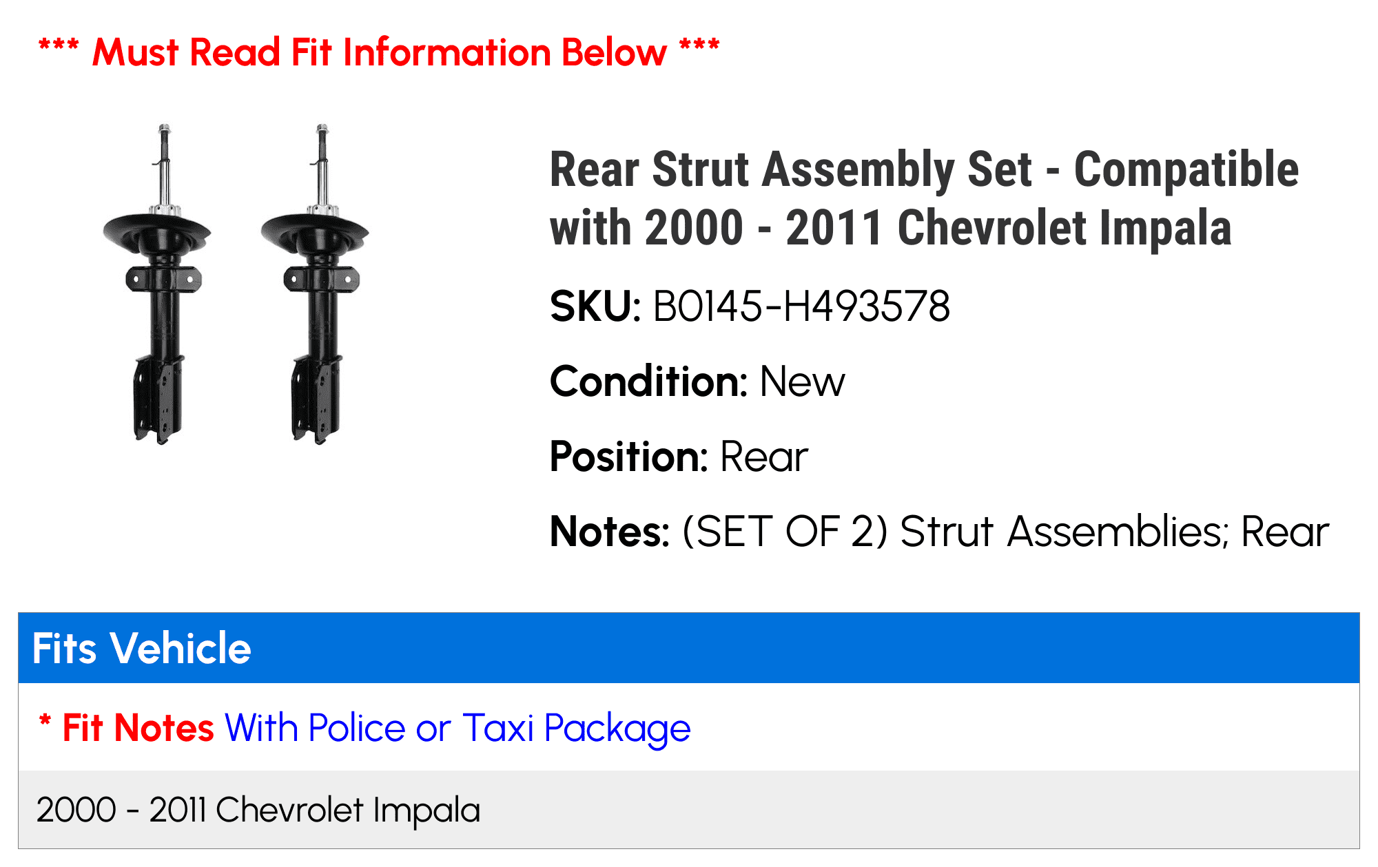 Rear Strut Assembly Set - Compatible with 2000 - 2011 Chevy Impala 2001 2002 2003 2004 2005 2006 2007 2008 2009 2010