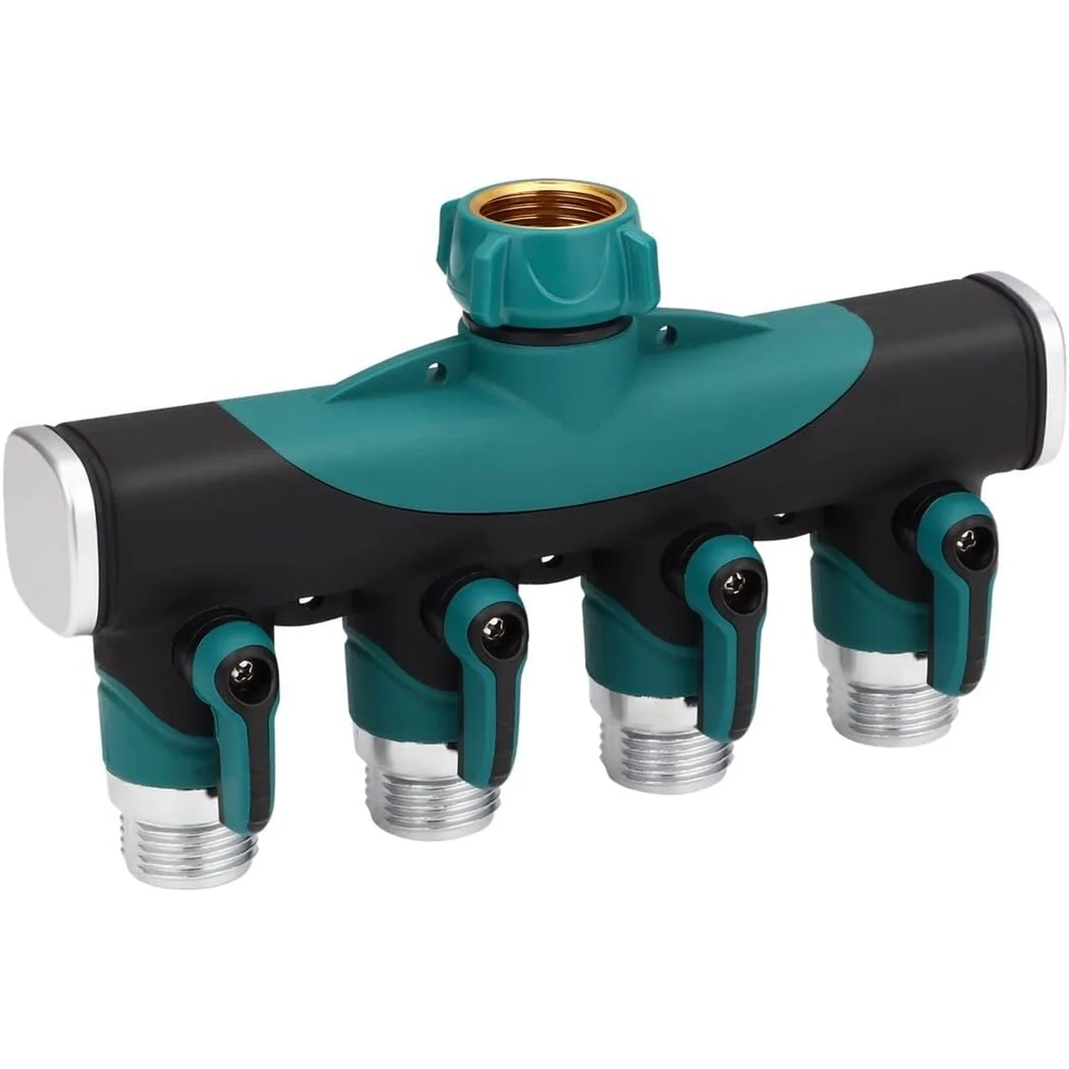 HXXF 4 Way Hose Splitter, Premium Garden Hoses Connector, 4 Way Heavy Duty Water Valve for Spigot Faucet Bib, Four Outlet with On Off Valve, Rust-Resistant Adapter, Zero Leaks, Green