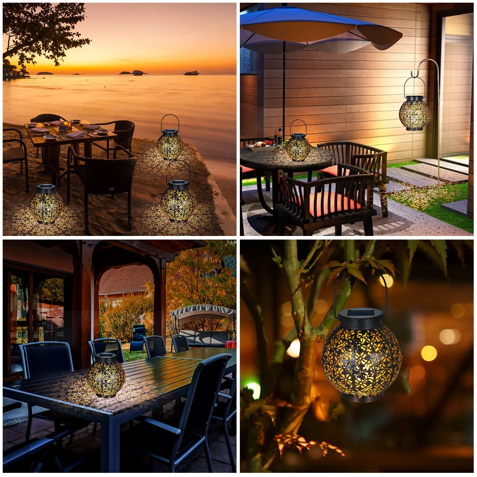 Neoglint Solar Lantern Light 2 Pack Hanging with Sensitive Lighting Control Decorative Hollowed-out Design 600mAh Rechargeable IP44 Water Resist Metal LED Lamp