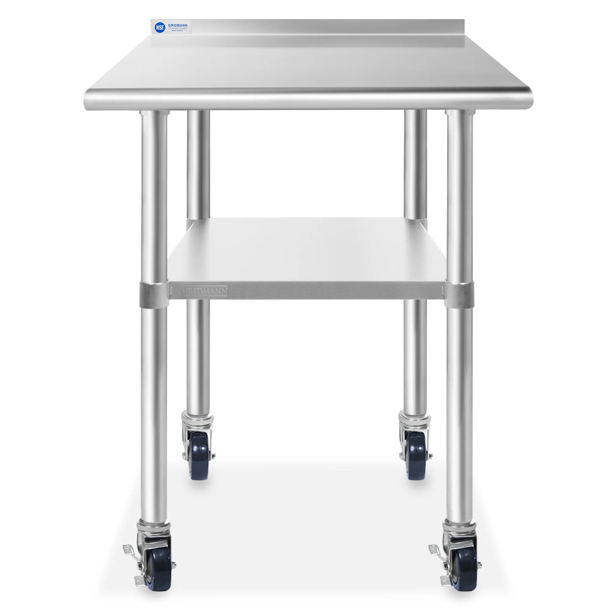 Gridmann NSF Stainless-Steel Commercial Kitchen Prep & Work Table with Backsplash Plus 4 Casters (Wheels) - 30 x 24 Inches