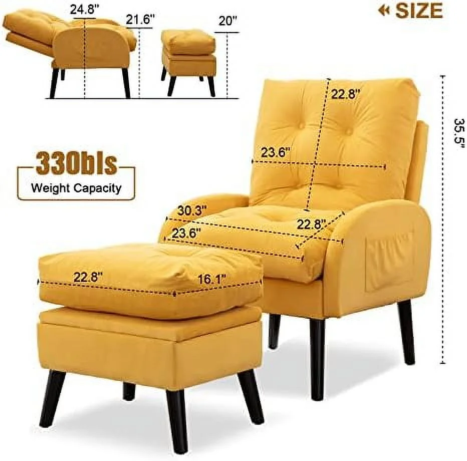 JYHOME Accent Recliner Chair with Ottoman with   Modern Velvet Armchair with Adjustable Backrest and Side Pocket  Single Sofa Chair Lounge Chair for Living Room  Bedroom  Office (Grey)