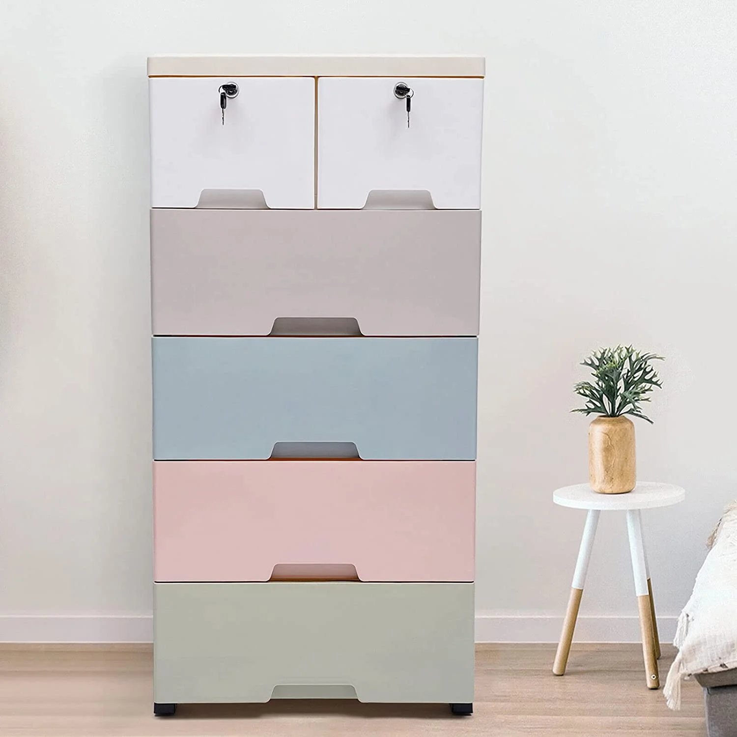 ZWNLKQG Plastic Organizer Drawers  Cabinet Modern Colourful  Organizer with 5-Layer 6 Drawer & Wheel Clothes  Tower Dresser for Bedroom Closets