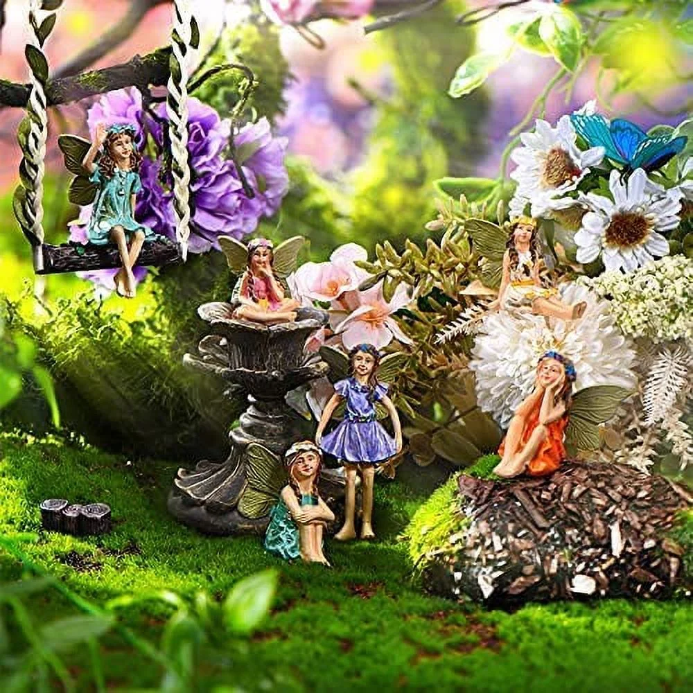 Blulu 6 Pieces Miniature Fairies Accessories Mini Figurines with Stick Little Girl Sculpture Yard Ornaments Potted Plants Resin Decor for Outdoor Garden Lawn Decoration