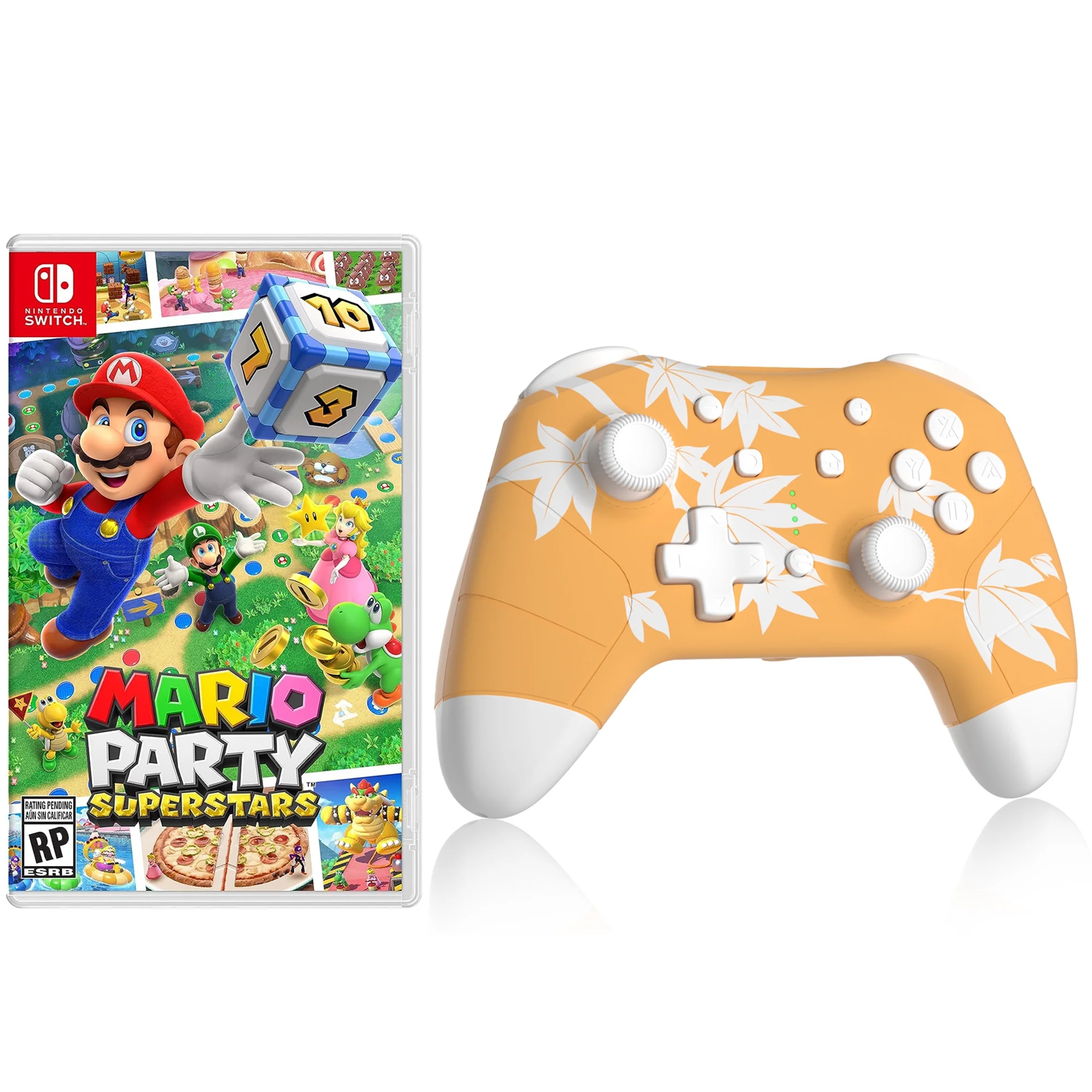 Mario Party Superstars Game Disc and Upgraded Wireless Switch Pro Controller for Nintendo Switch/OLED/Lite Orange, with Headphones Jack, Programmable, Turbo, Wakeup
