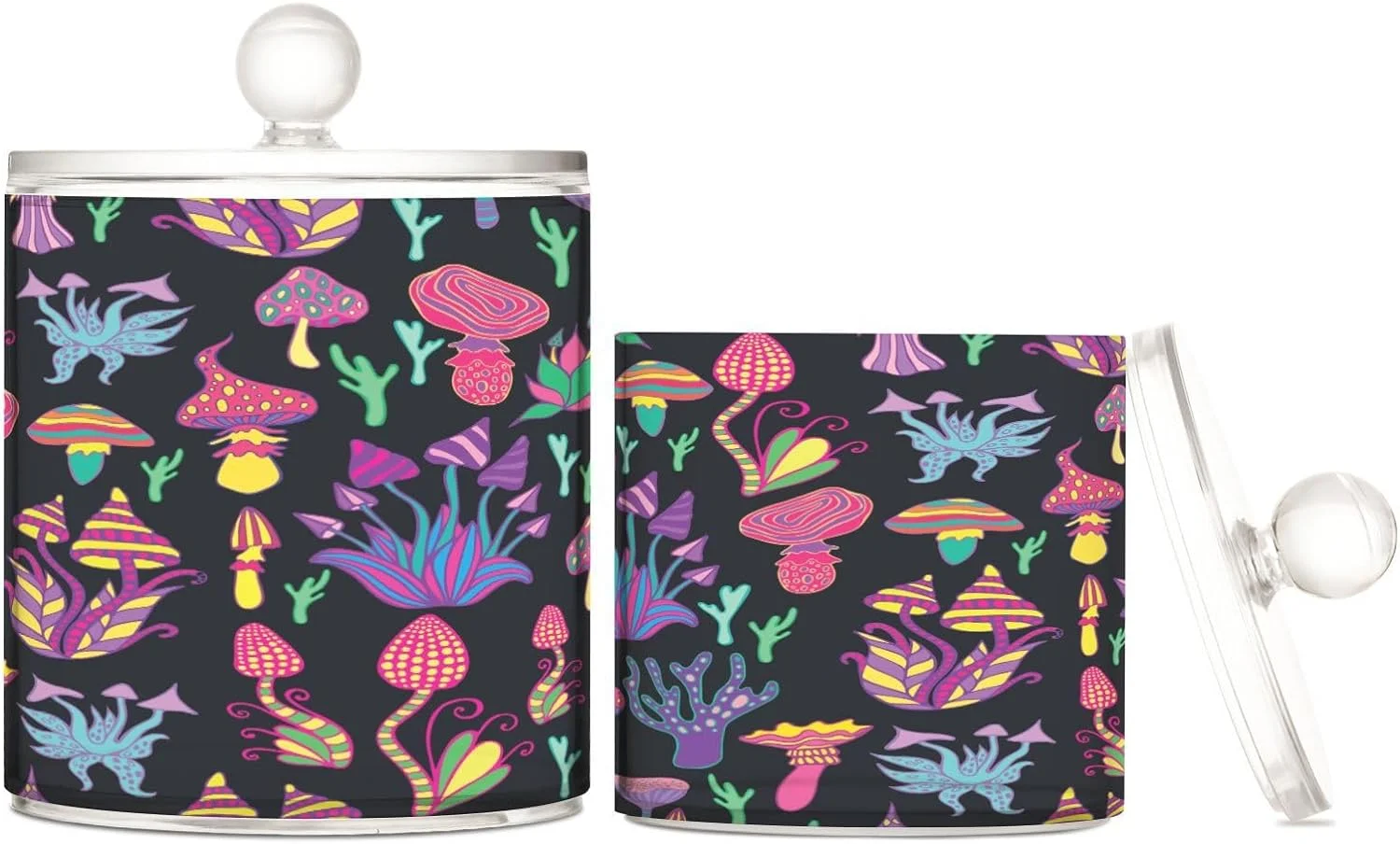 Bestwell 2PCS Qtip Holder Dispenser with Lids Mushroom Print Apothecary Jars Clear Plastic Storage Containers Bathroom Vanity Organizer for Tea Coffee Cotton Ball Floss