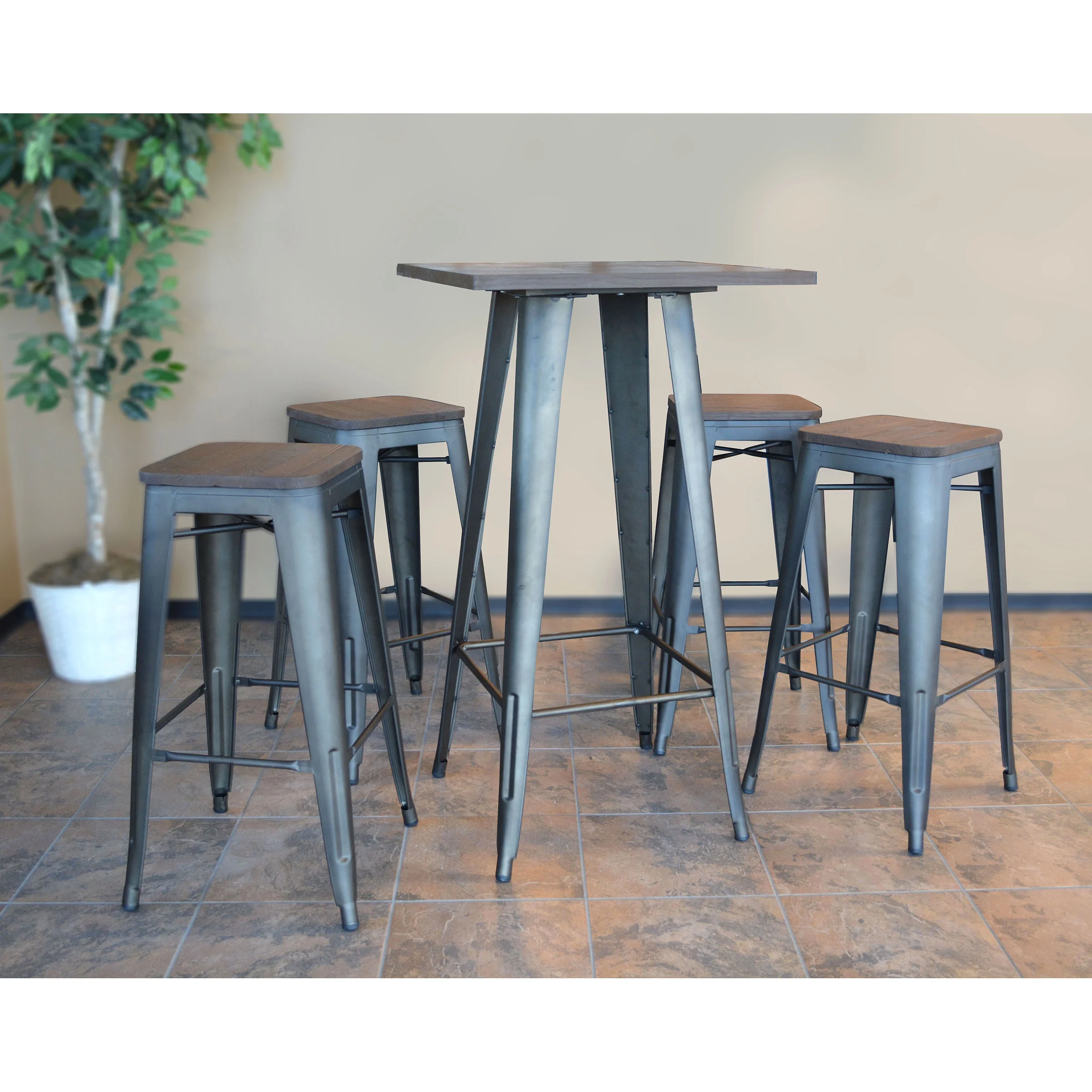 AmeriHome Dark Elm Finish Wood Top Bar Table with 4 Dark Elm Wood Top Gunmetal Finish Backless Bar Stools