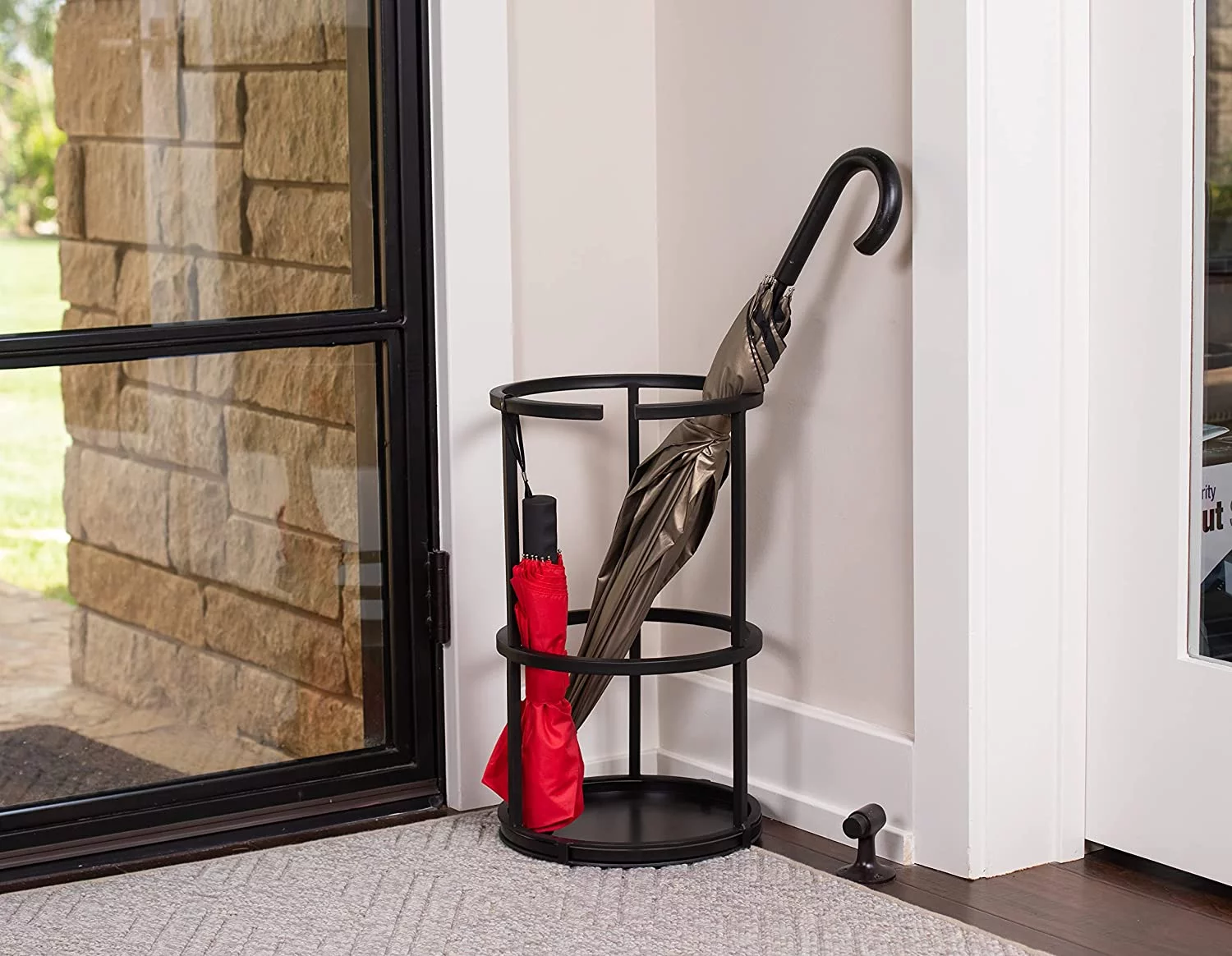 Circular Umbrella Holder With Removable Drip Tray - Stand For Umbrellas - Entryway - Decorative Metal Freestanding Rack Organizer - Cane Walking Stick Holder Black