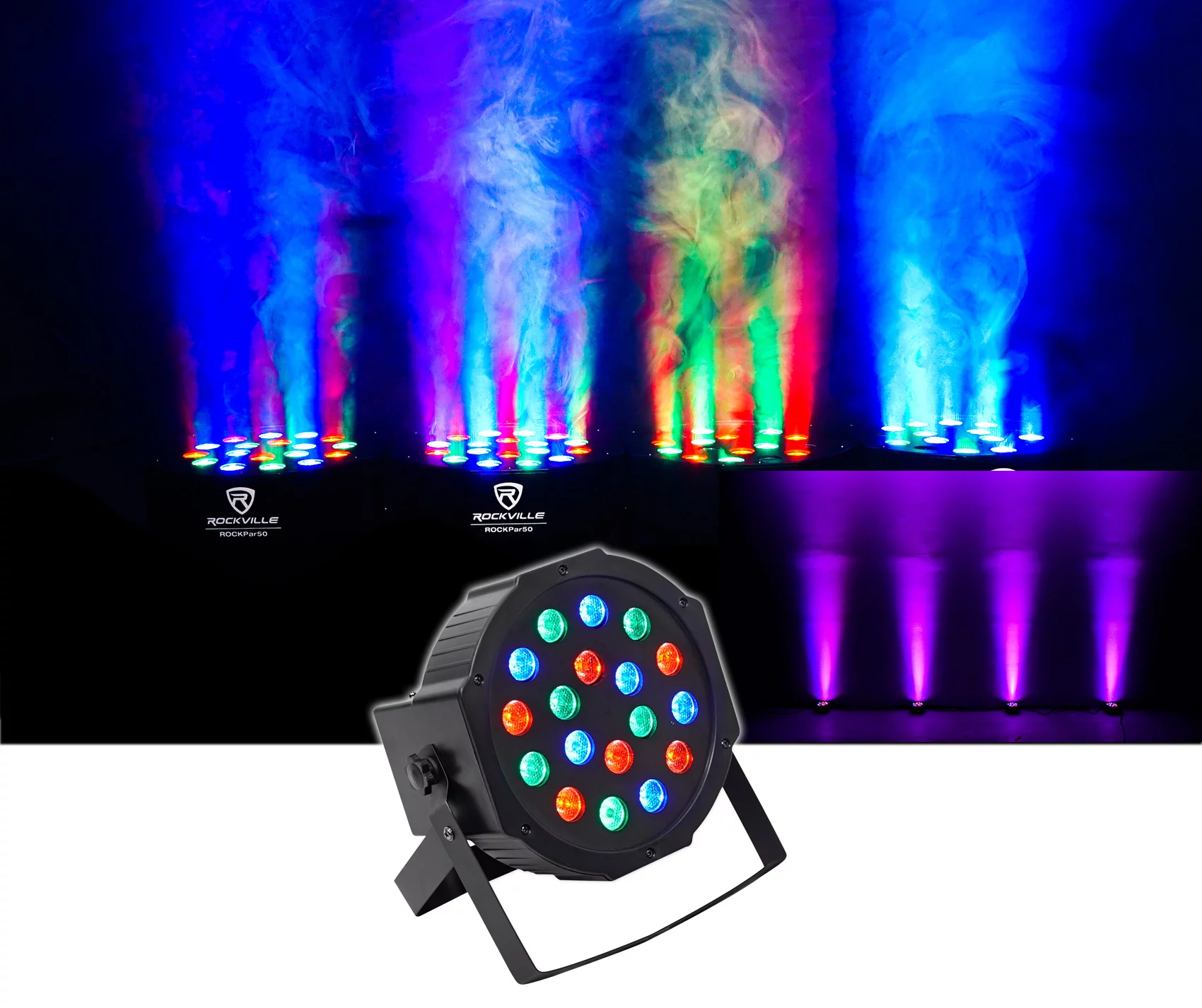 2) Rockville Totem Moving Head Light Stands+Black+White Scrims+Facade+Lights