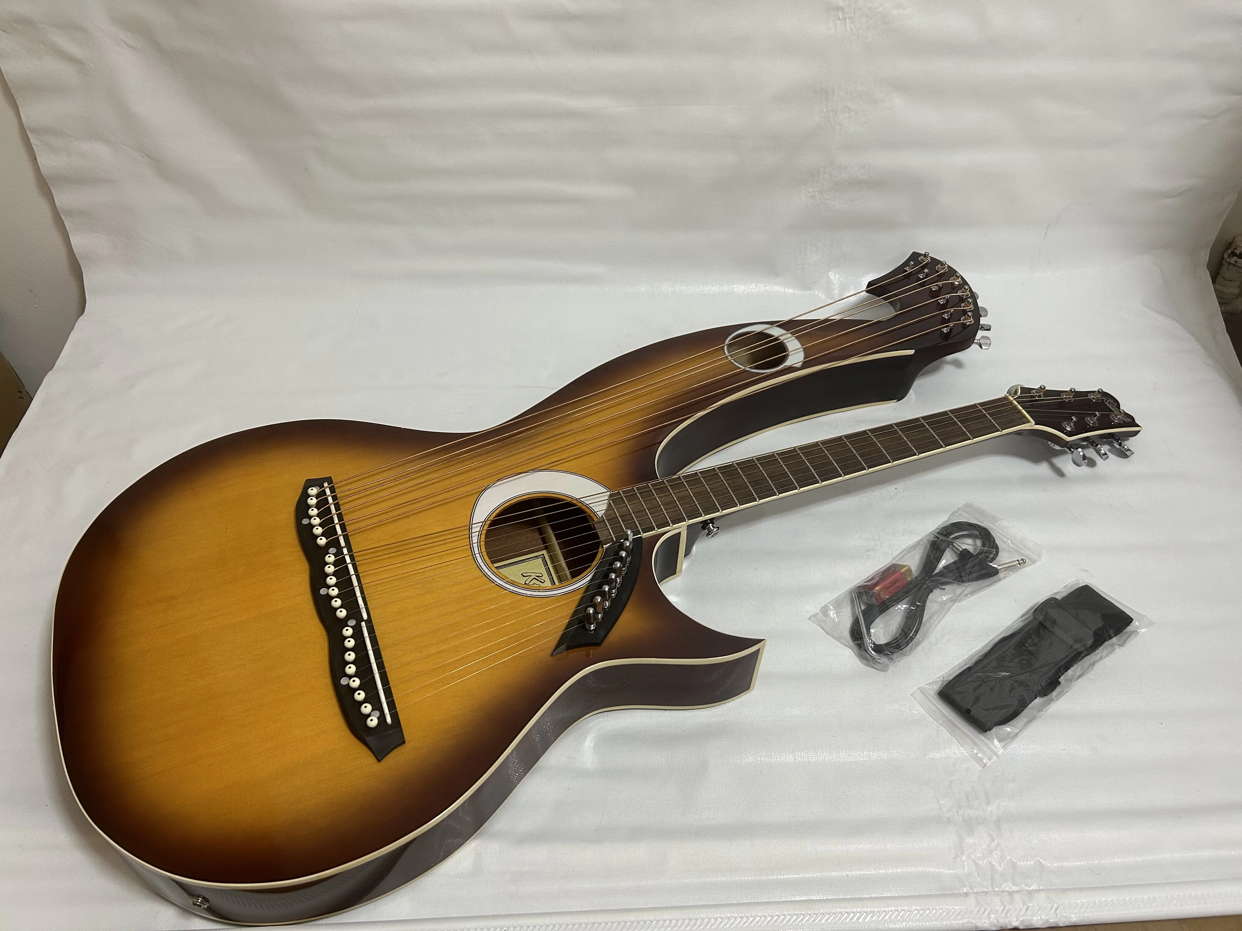Professional Harp Guitar, Acoustic Electric Double Neck Guitar Free Padded Bag