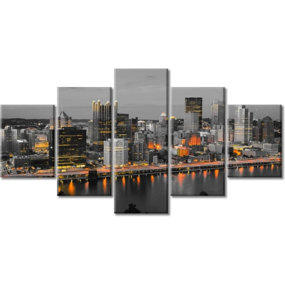 TISHIRON 5PCS Framed City Skyline Landscape Theme Canvas Wall Art Set,60