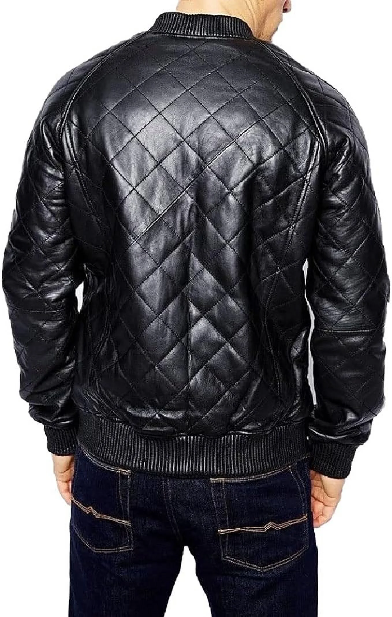 New Men's Genuine Lambskin Leather Quilted Jacket Black Motorcycle Biker Jacket A216