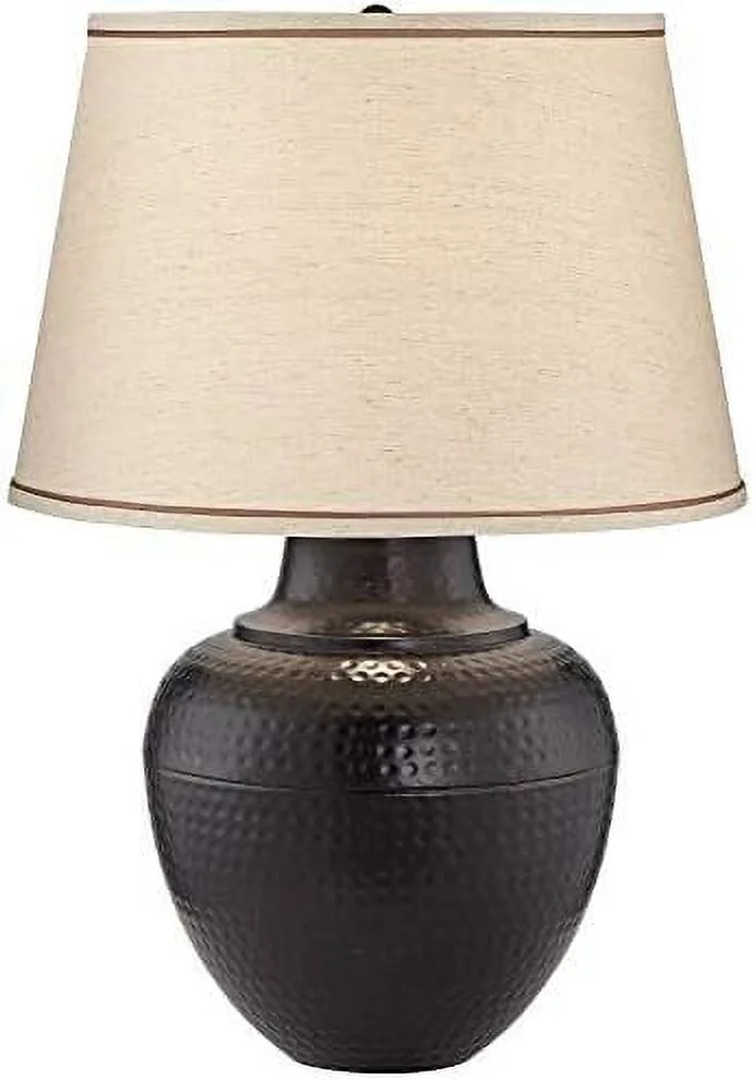 SJOPLMN Brighton Southwest Rustic Farmhouse Table Lamp 27.25" Tall Hammered Warm Bronze Metal Pot Beige Fabric Drum Shade for Living Room Bedroom House Bedside Nightstand Home Office