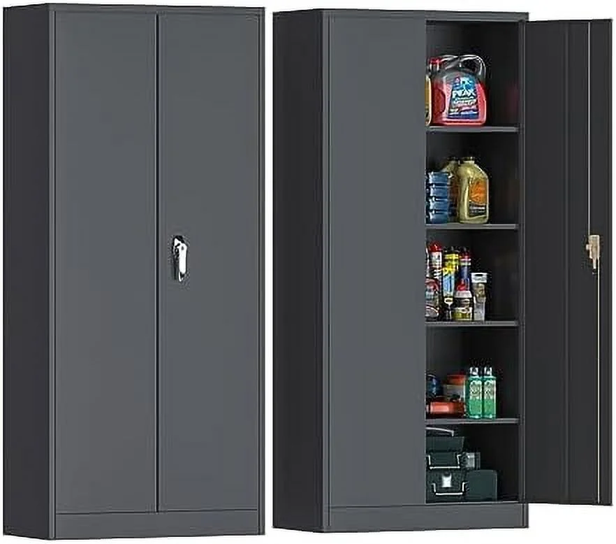 HYHBIBOOM Locking Metal  Cabinet  Industrial Steel Garage Cabinet with 2 Doors and 4 Adjustable Shelves  File Cabinet for Office  Home  Garage  Assembly Required (Black)