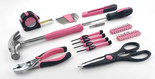 APOLLO TOOLS Original 39 Piece General Household Tool set in Toolbox Storage Case with Essential Hand Tools for Everyday Home Repairs, DIY and Crafts Pink/Black - Pink Ribbon- DT9706P
