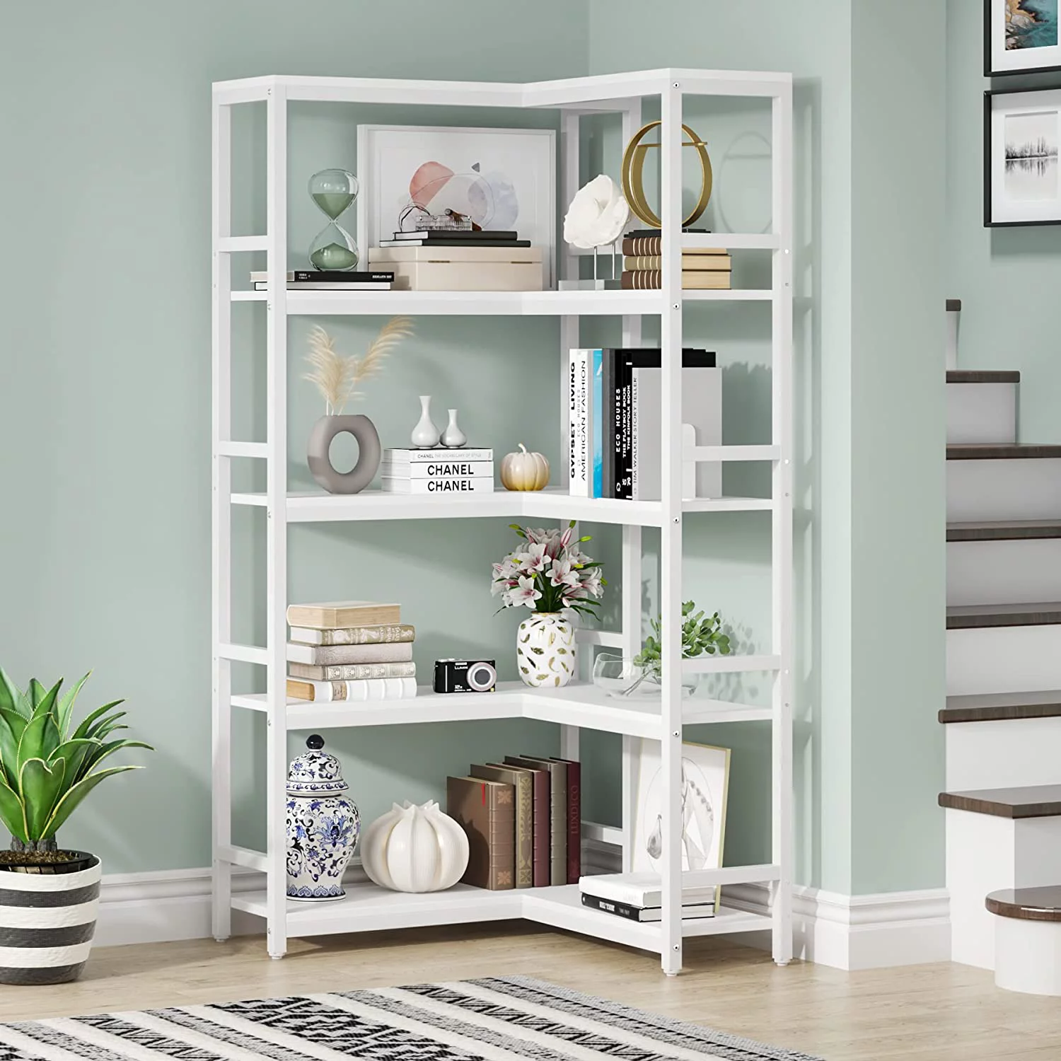 Tribesigns 5 Tier Corner Bookshelf, Industrial Large Corner Etagere Bookcase, 5-Shelf Tall Corner Shelf Storage Display Rack for Living Room Home Office, White