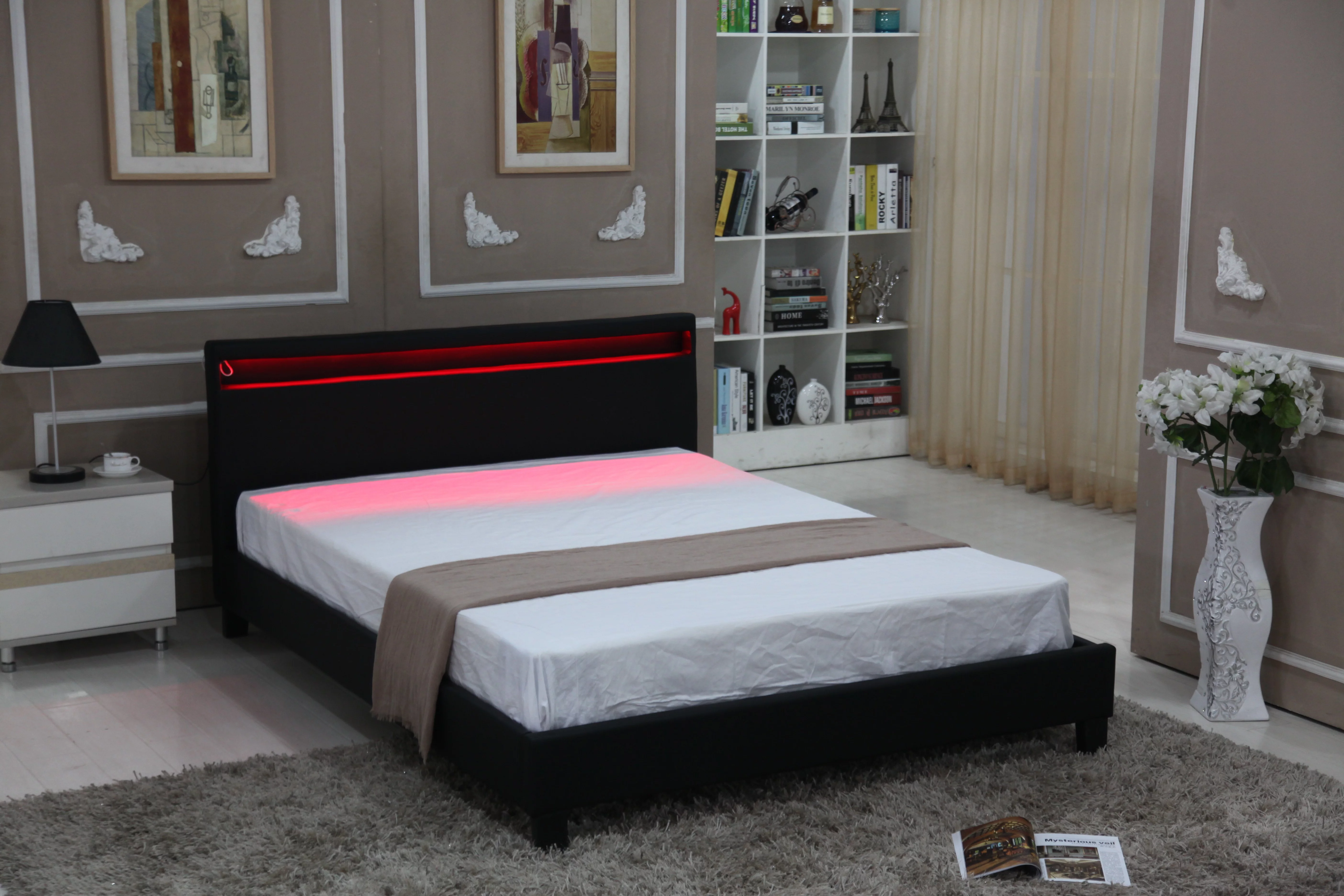 Full Size Modern Contemporary Bed Frame Bedroom Platform with LED Light Headboard Black